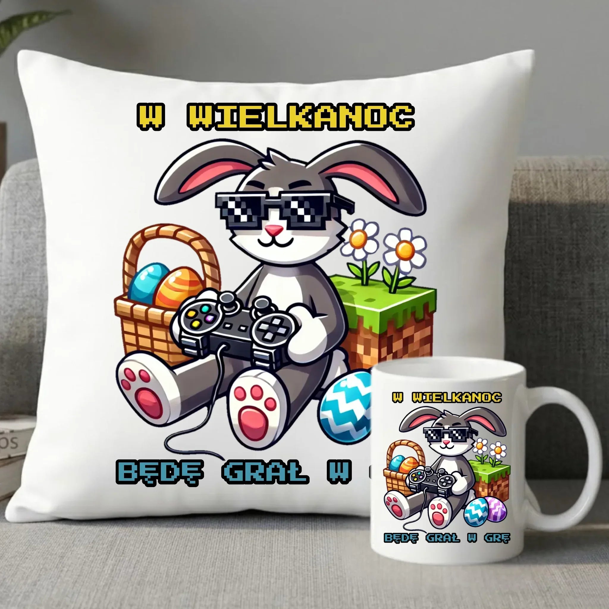 Zestaw poduszka i kubek Wielkanocny - Zajączek w stylu Minecraft Gamer WN22 - StoryCups.pl