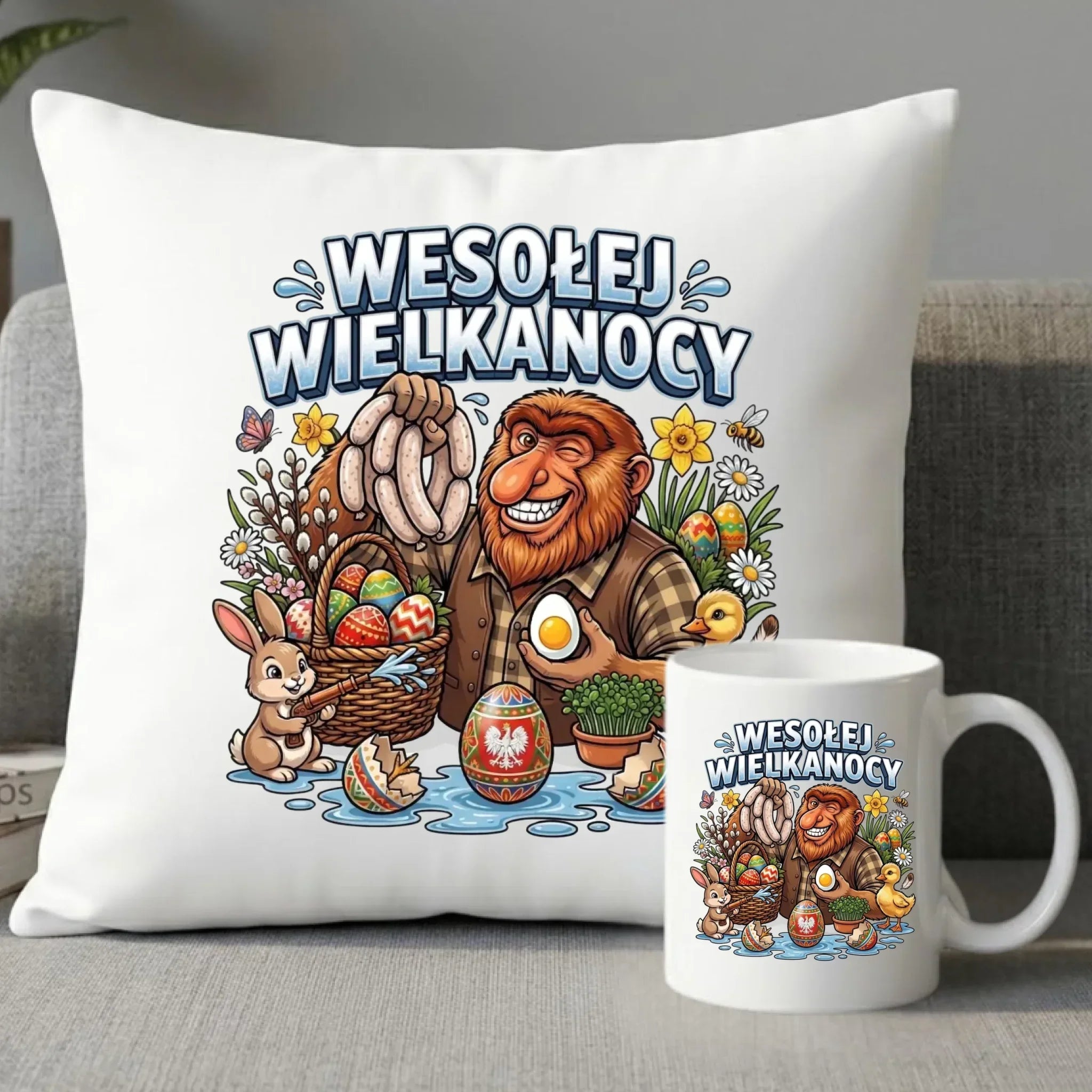Zestaw poduszka i kubek wielkanocny - Janusz Nosacz - Wesołej Wielkanocy WN21 - StoryCups.pl