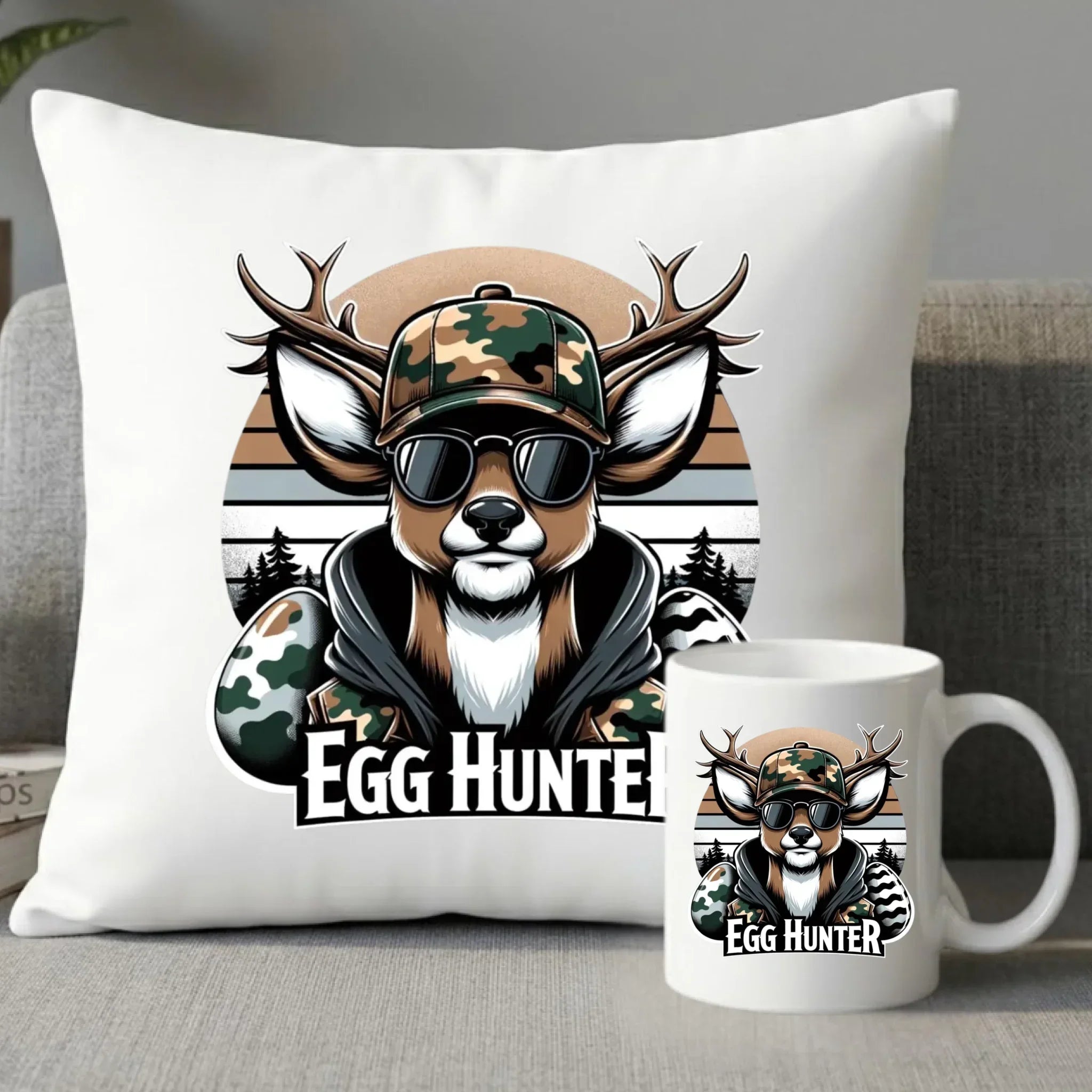 Zestaw poduszka i kubek wielkanocny - Jeleń Survival Egg hunter WN19 - StoryCups.pl