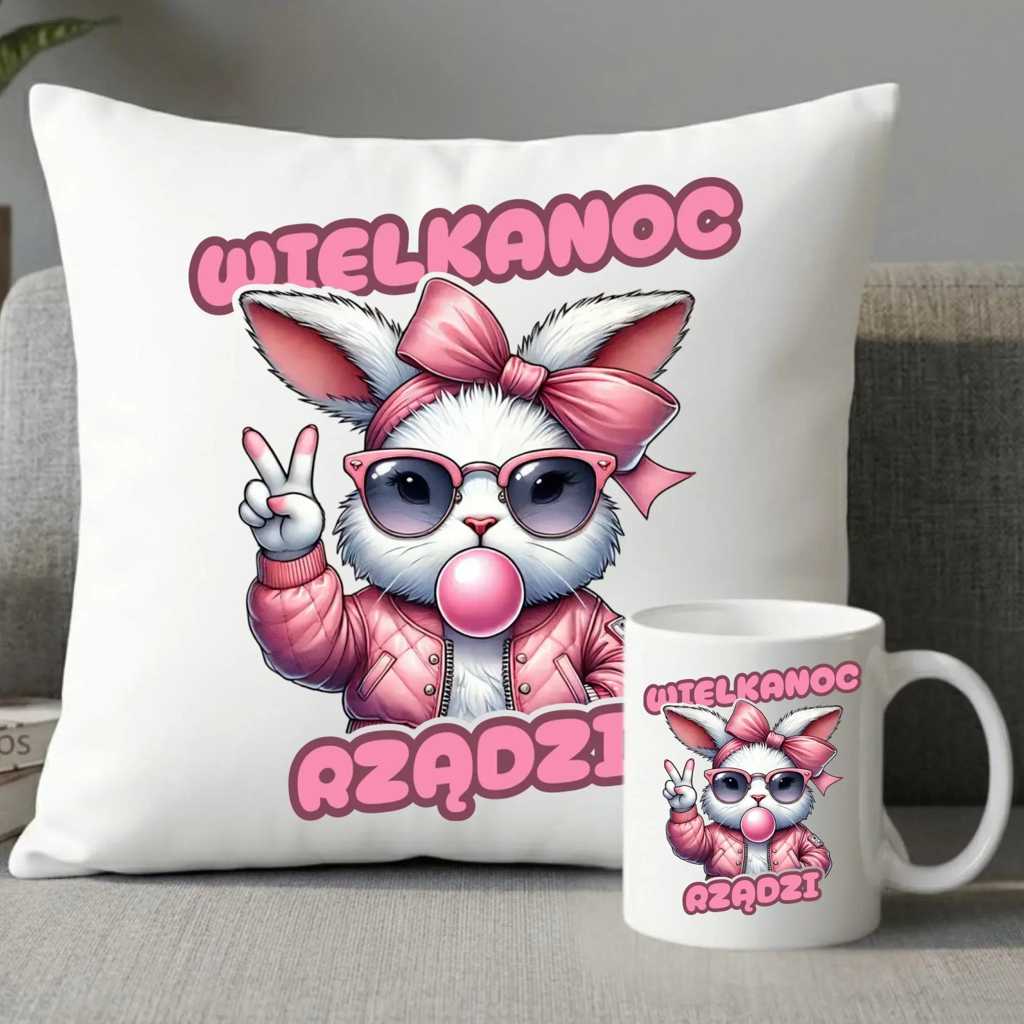 Zestaw poduszka i kubek wielkanocny – Stylowy królik w okularach Wielkanoc rządzi WN18 - StoryCups.pl