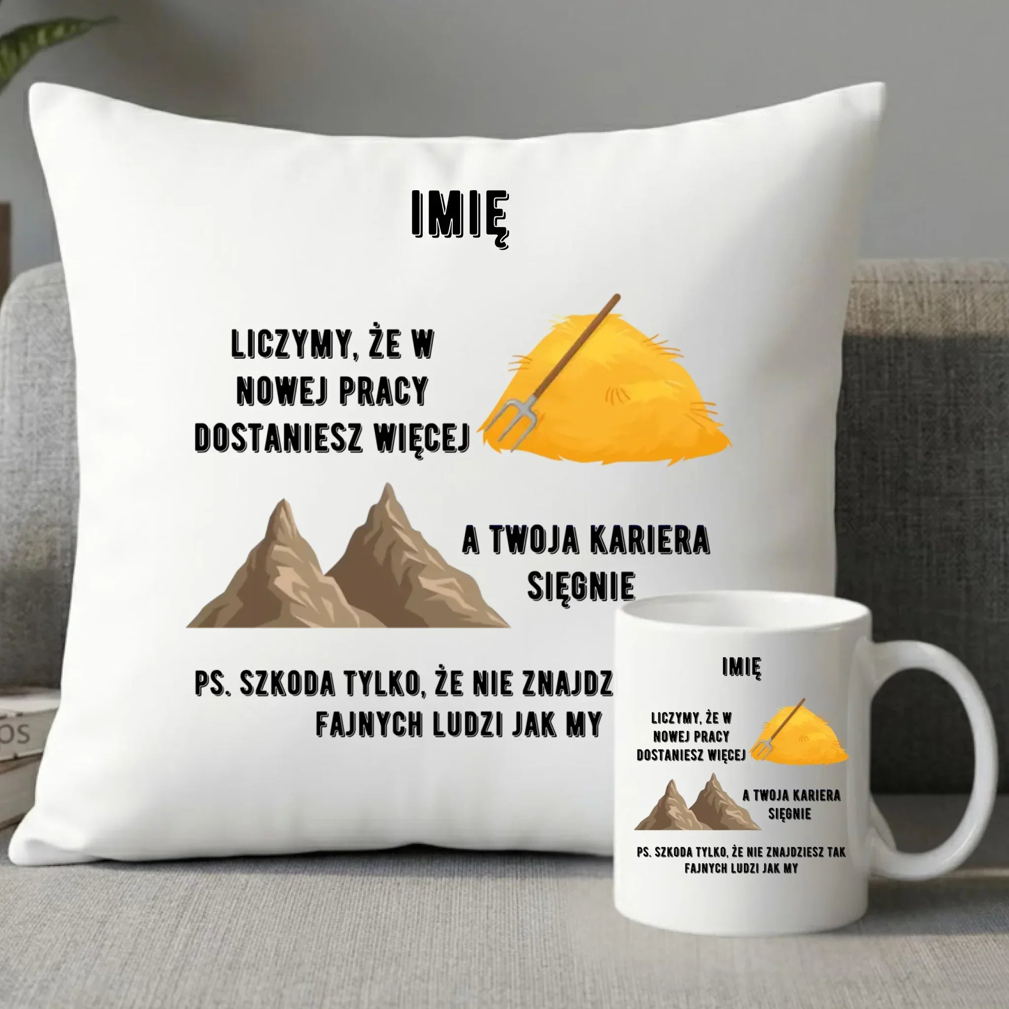 Zestaw poduszka i kubek na odejście z pracy - Nie znajdziesz tak fajnych ludzi jak my - personalizowany OP04 - StoryCups.pl