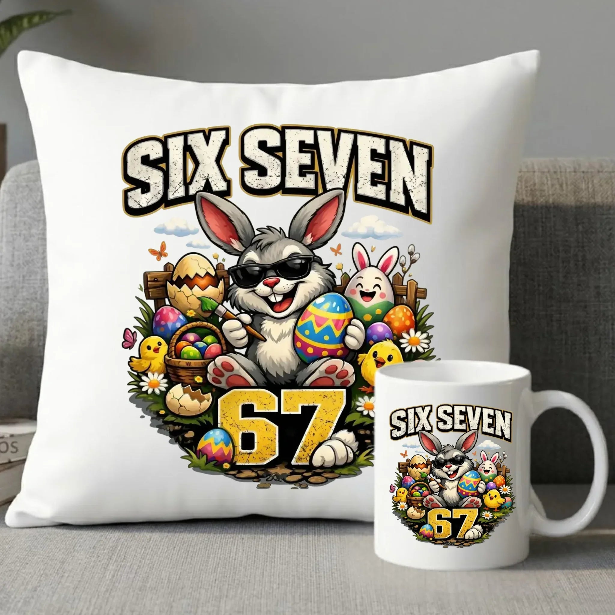 Zestaw poduszka i kubek wielkanocny - Zając Six Seven 67 WN10 - StoryCups.pl