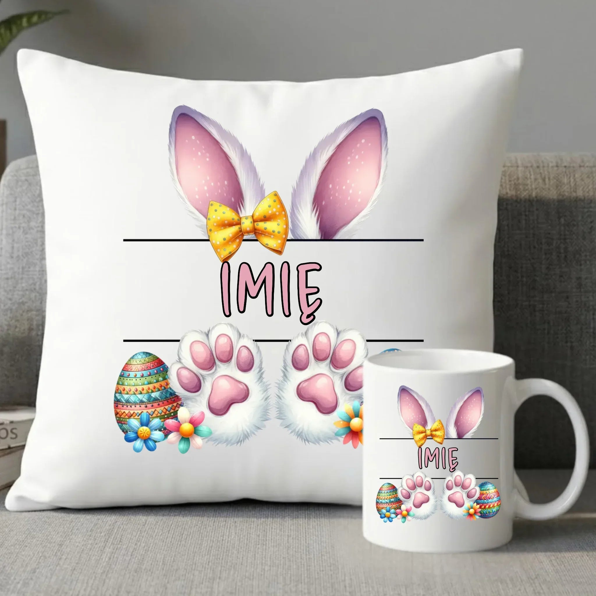 Zestaw poduszka i kubek wielkanocny - Zajączek - personalizowany WN13 - StoryCups.pl