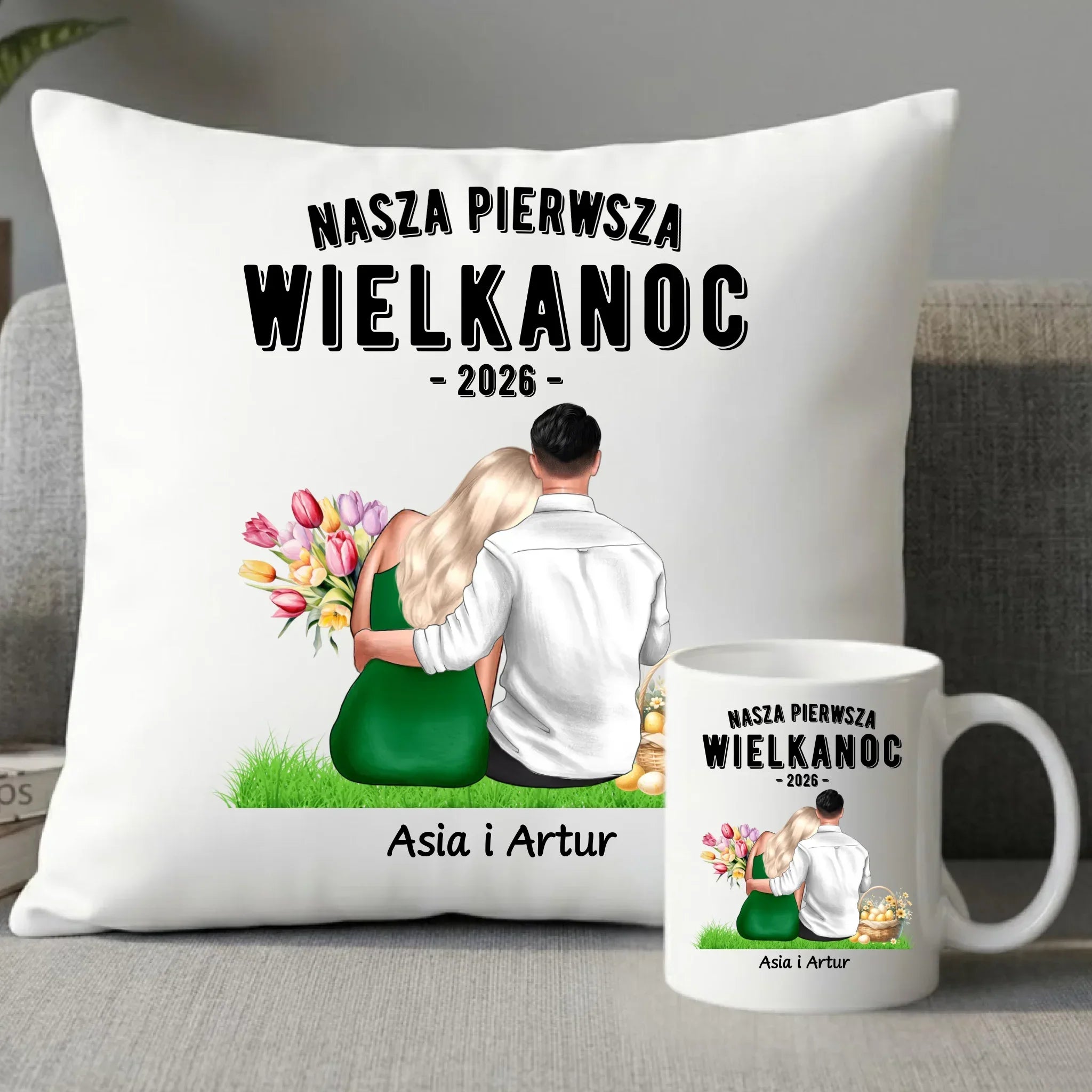 Zestaw poduszka i kubek wielkanocny dla par - Nasza pierwsza Wielkanoc - personalizowany WN16 - StoryCups.pl