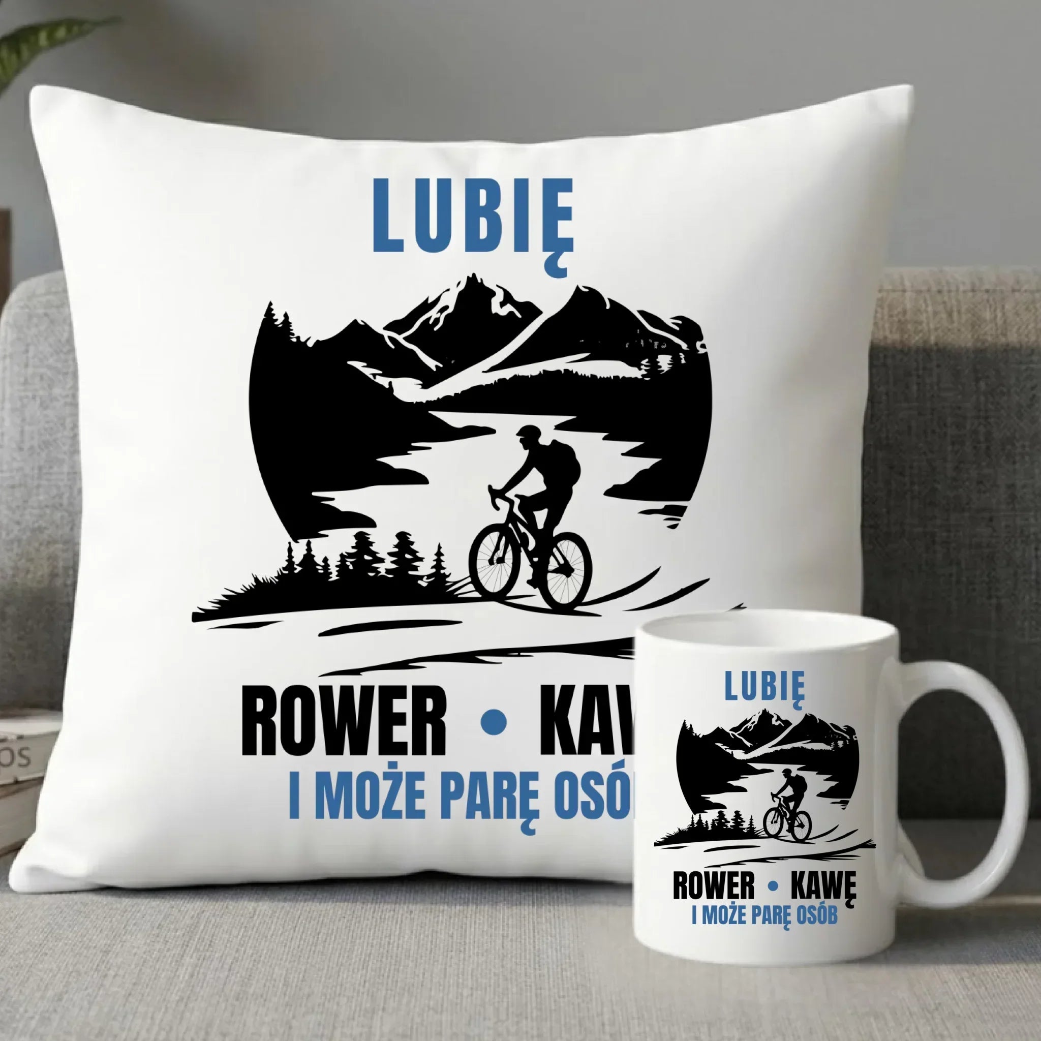 Zestaw poduszka i kubek - Lubię rower kawę i może parę osób HR05 - StoryCups.pl