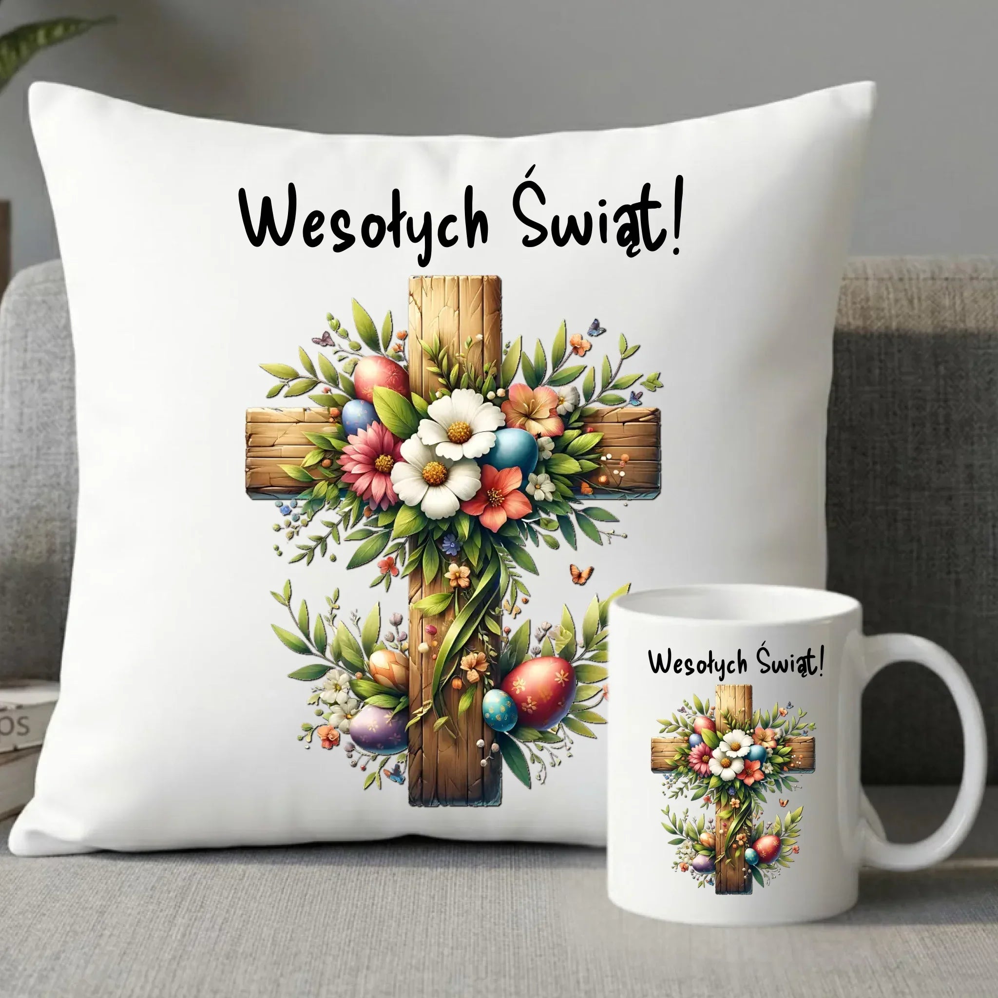 Zestaw poduszka i kubek na Wielkanoc - Krzyż z kwiatami Wesołych Świąt WN02 - StoryCups.pl