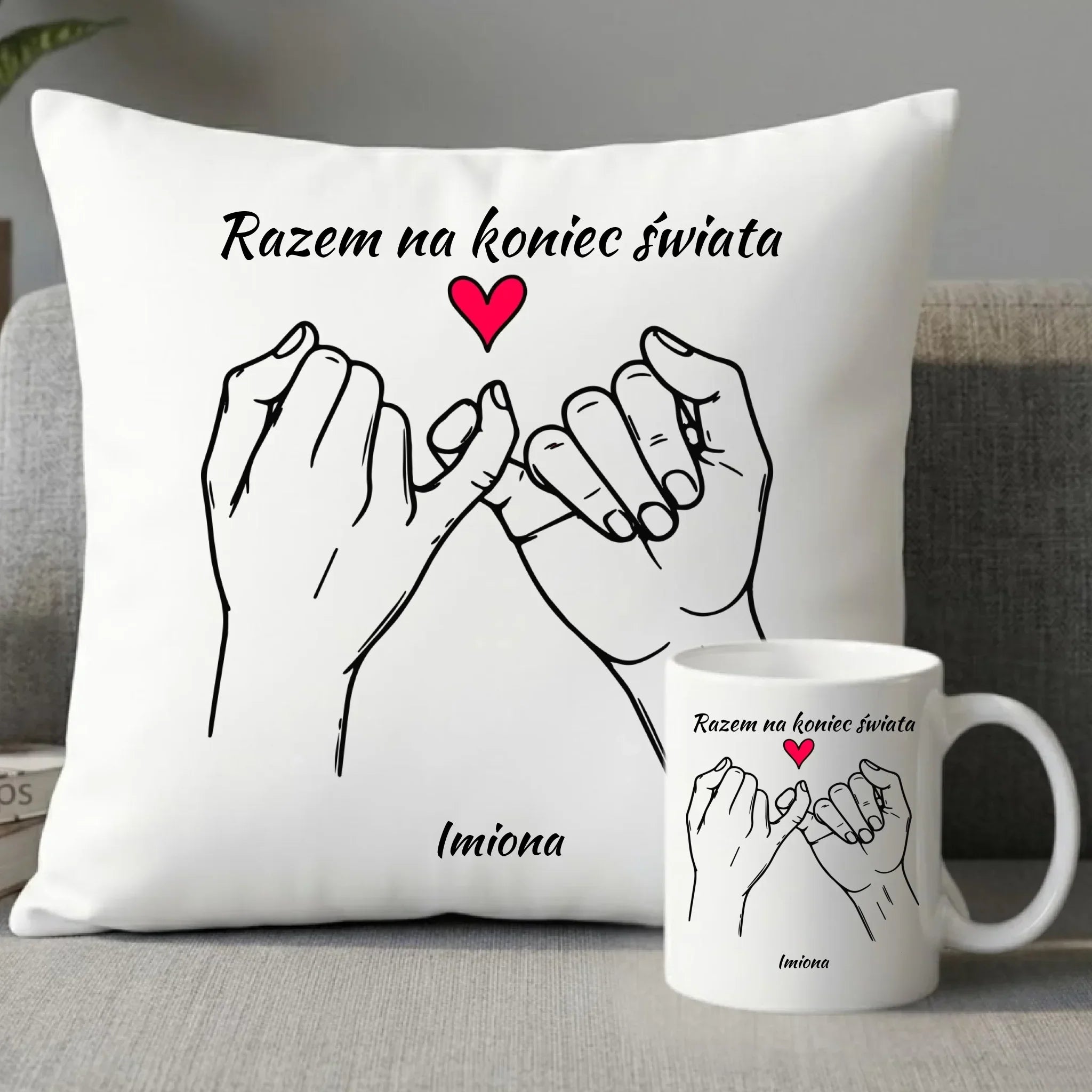 Zestaw poduszka i kubek dla par - Razem na koniec świata - personalizowany W60 - StoryCups.pl