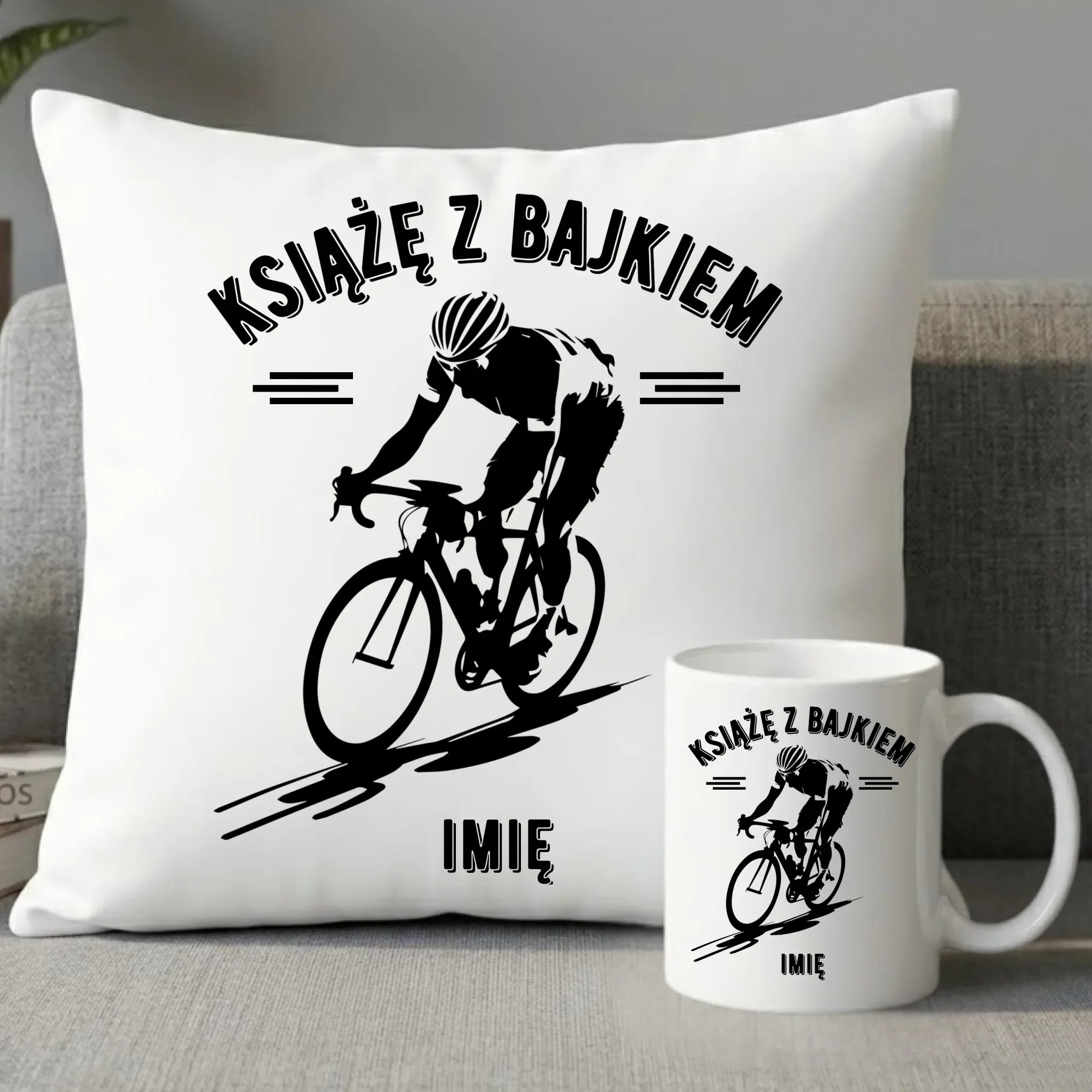 Zestaw poduszka i kubek dla rowerzysty - Książę z bajkiem - personalizowany HR01 - StoryCups.pl