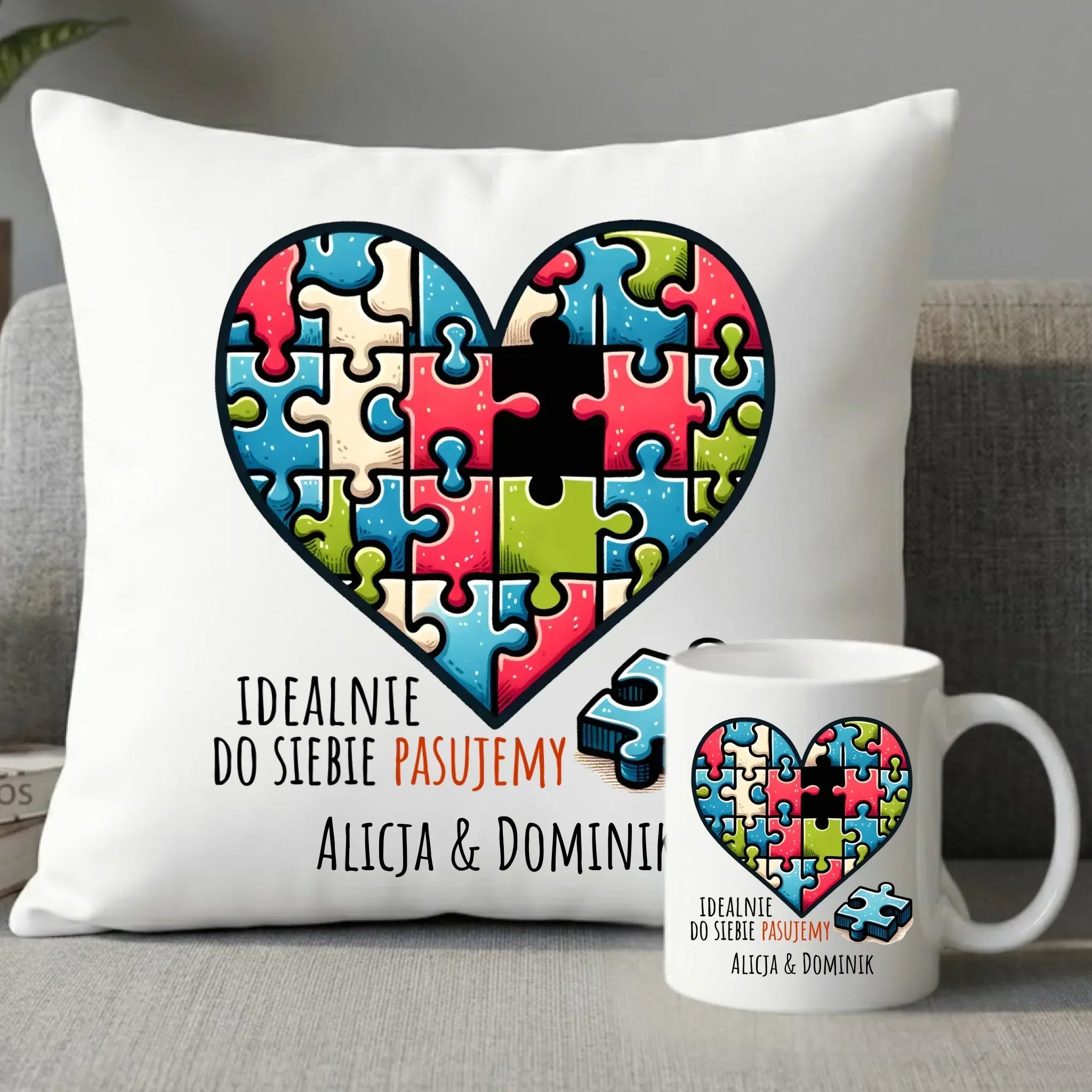 Zestaw poduszka i kubek dla par - Idealnie do siebie pasujemy - personalizowany W44 - StoryCups.pl