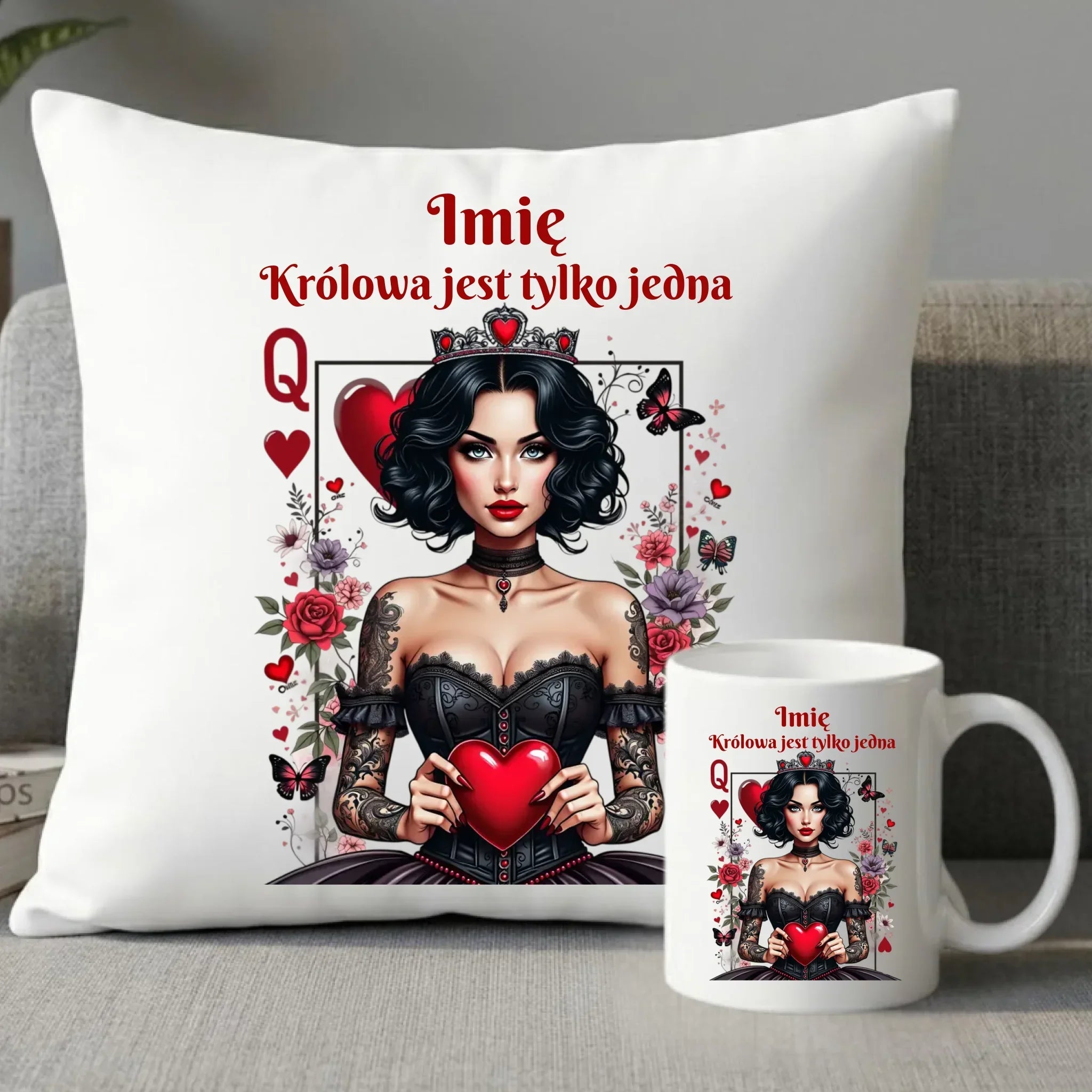 Zestaw poduszka i kubek dla niej - Królowa jest tylko jedna - personalizowany W46 - StoryCups.pl