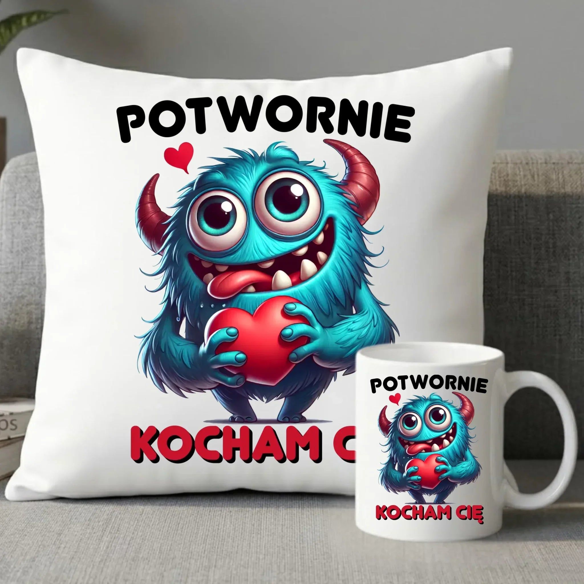 Zestaw poduszka i kubek dla par - Potwornie Kocham Cię W45 - StoryCups.pl