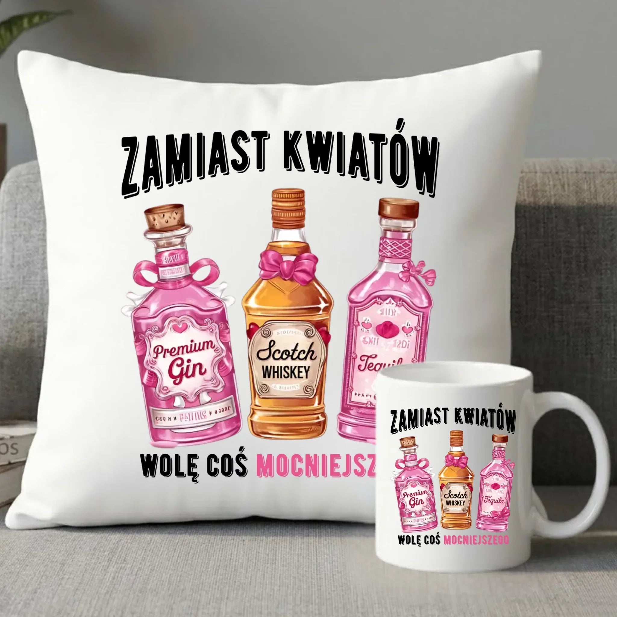 Zestaw poduszka i kubek dla niej - Zamiast kwiatów wolę coś mocniejszego W42 - StoryCups.pl