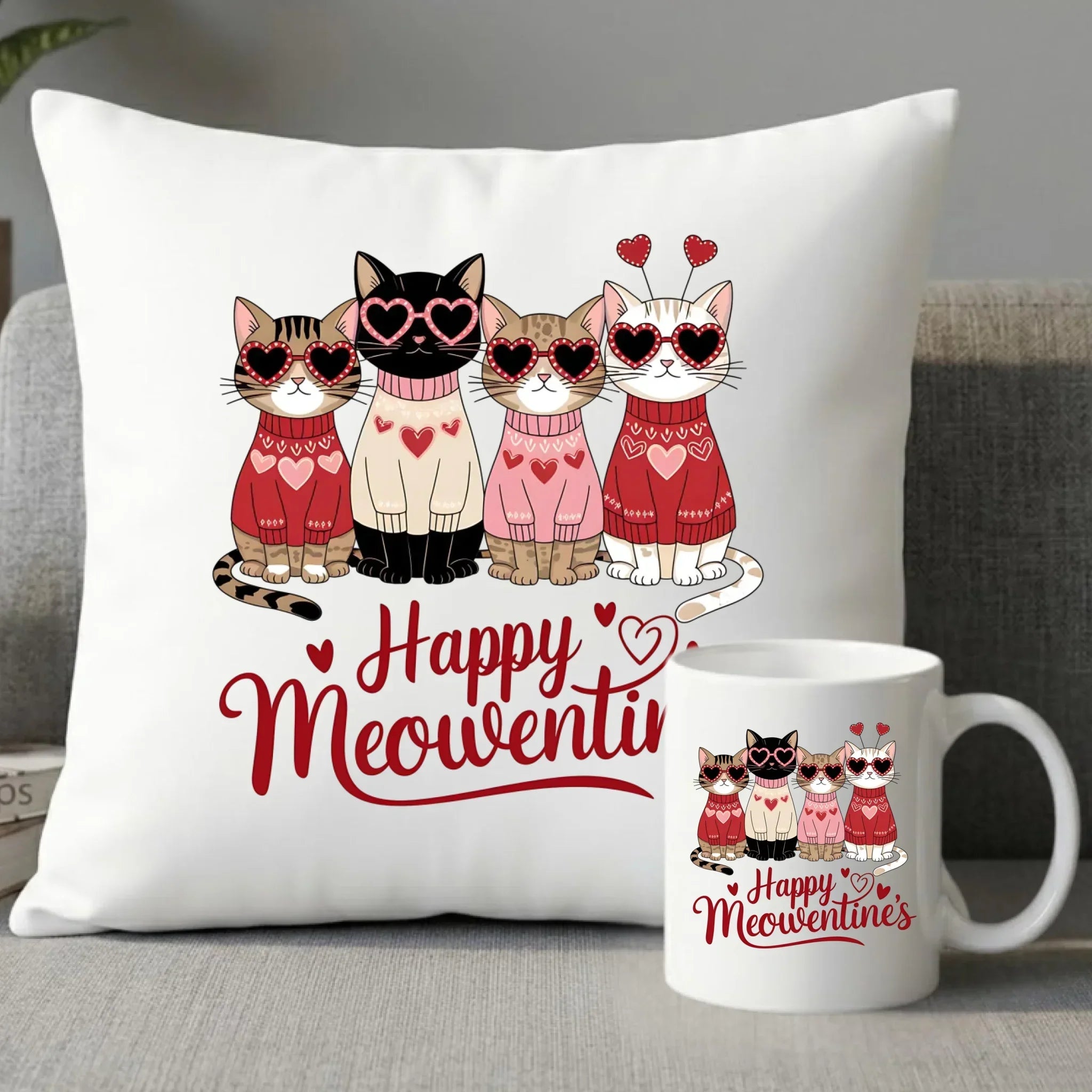 Zestaw poduszka i kubek na Walentynki dla kociary - Happy Meowentine's W25 - StoryCups.pl