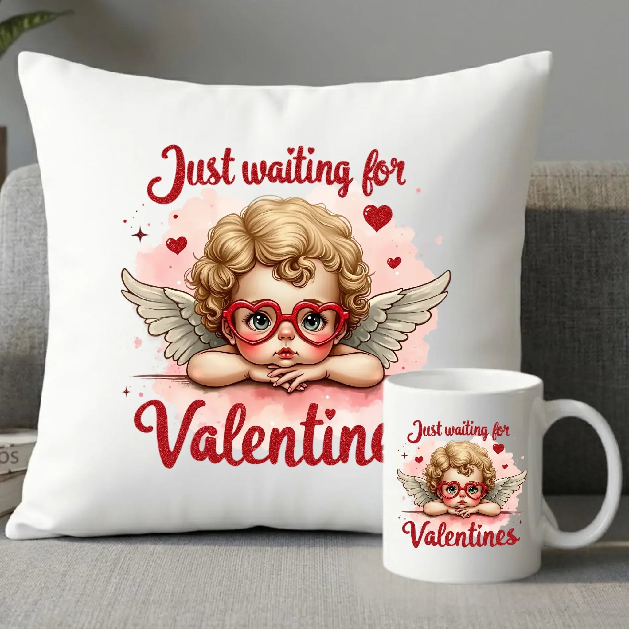 Zestaw poduszka i kubek na Walentynki - Just waiting for Valentines W24 - StoryCups.pl