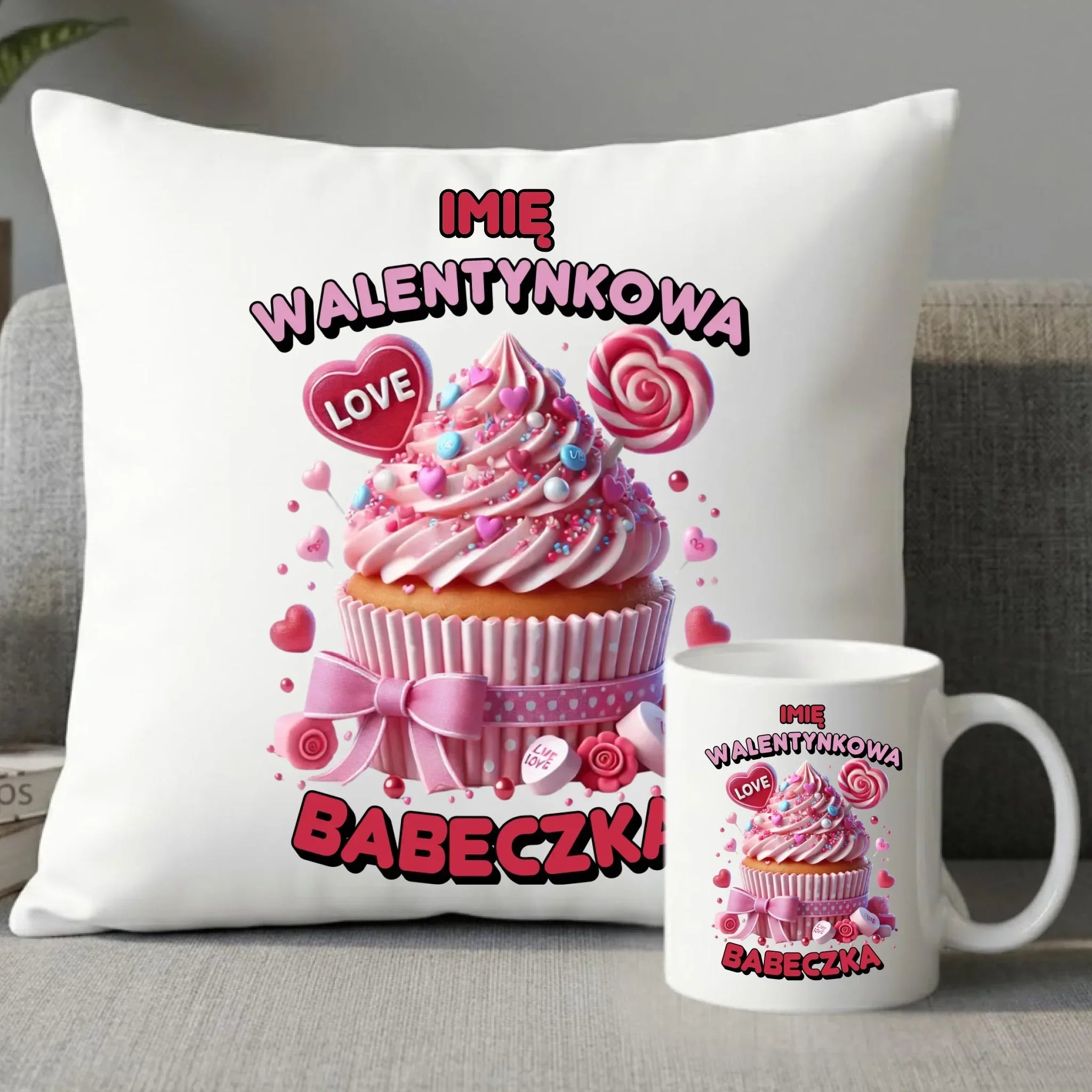 Zestaw poduszka i kubek na Walentynki - Walentynkowa Babeczka - personalizowany W21 - StoryCups.pl