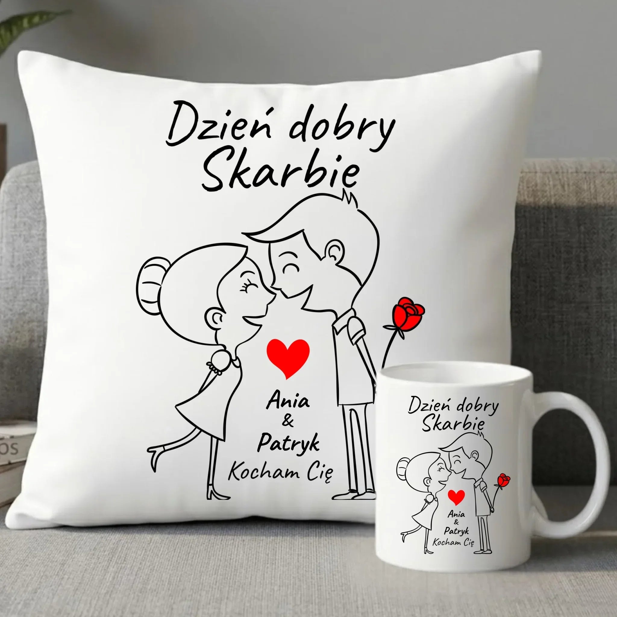 Zestaw poduszka i kubek dla par - Dzień dobry Skarbie - personalizowany W15 - StoryCups.pl