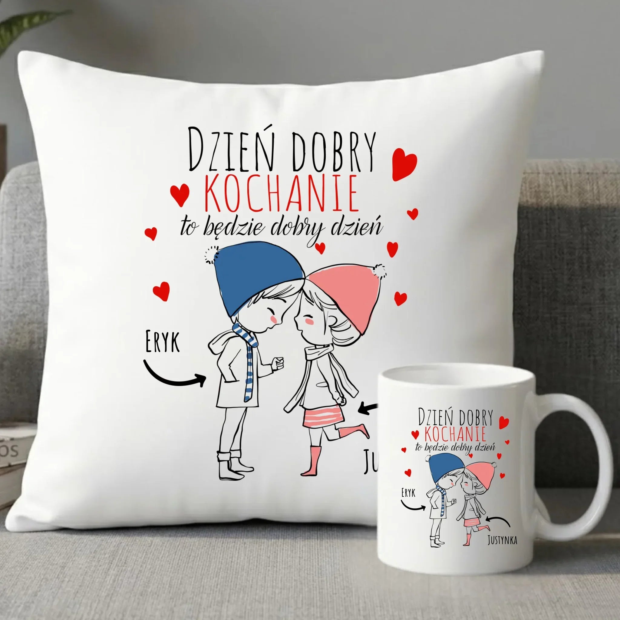 Zestaw poduszka i kubek dla par - Dzień dobry Kochanie - personalizowany W10 - StoryCups.pl