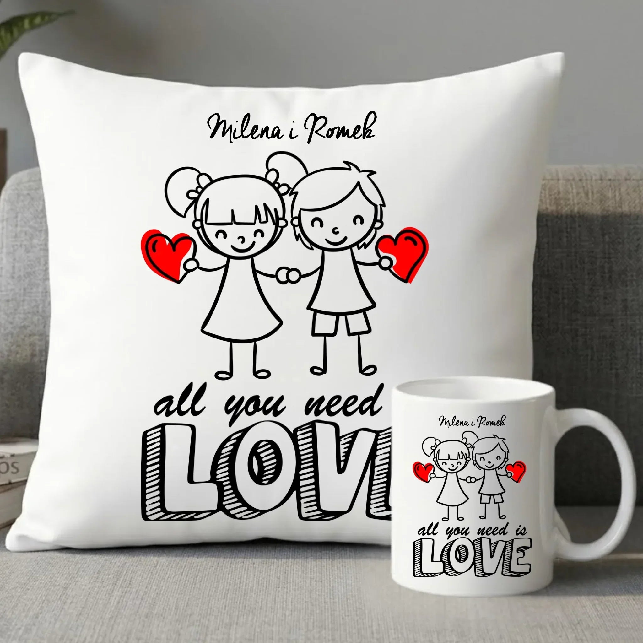 Zestaw poduszka i kubek dla par - All You need is love - personalizowany W13 - StoryCups.pl