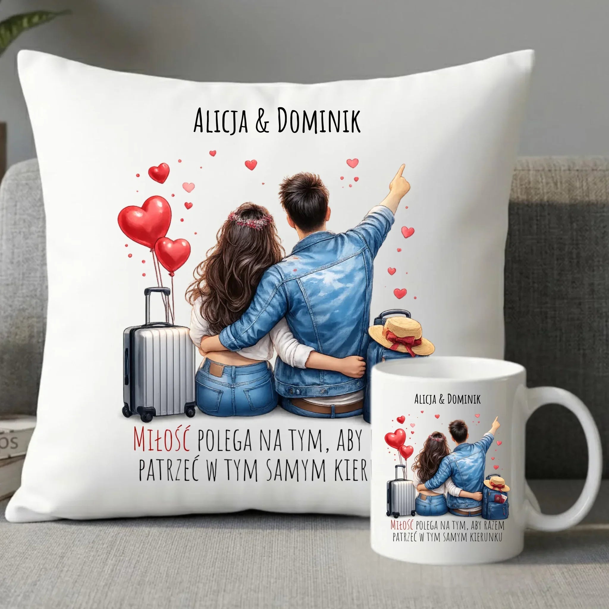 Zestaw poduszka i kubek dla par - Para w podróży miłość - personalizowany W12 - StoryCups.pl