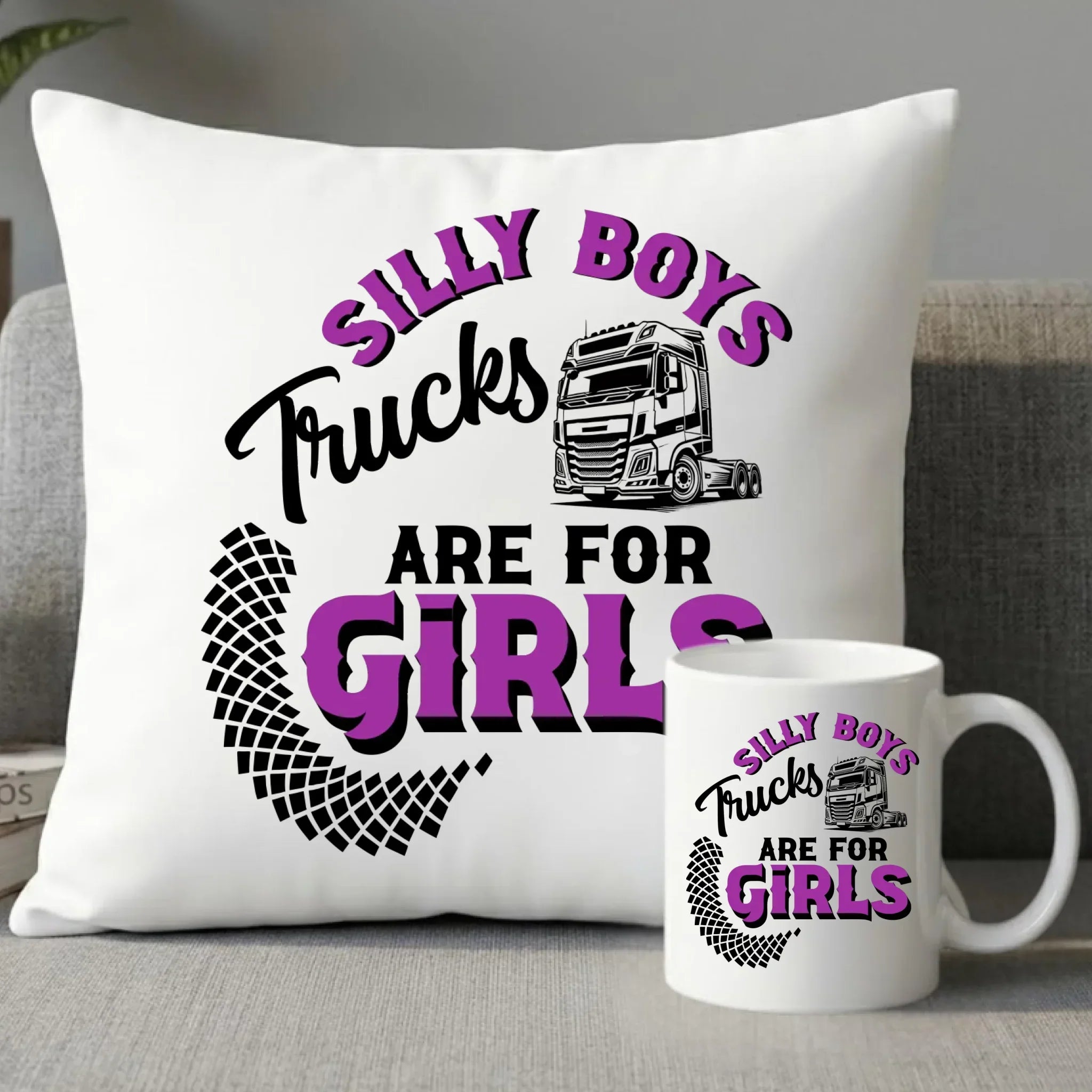 Zestaw poduszka i kubek - kierowca ciężarówki - Silly boys trucks are for girls ZKT11 - StoryCups.pl