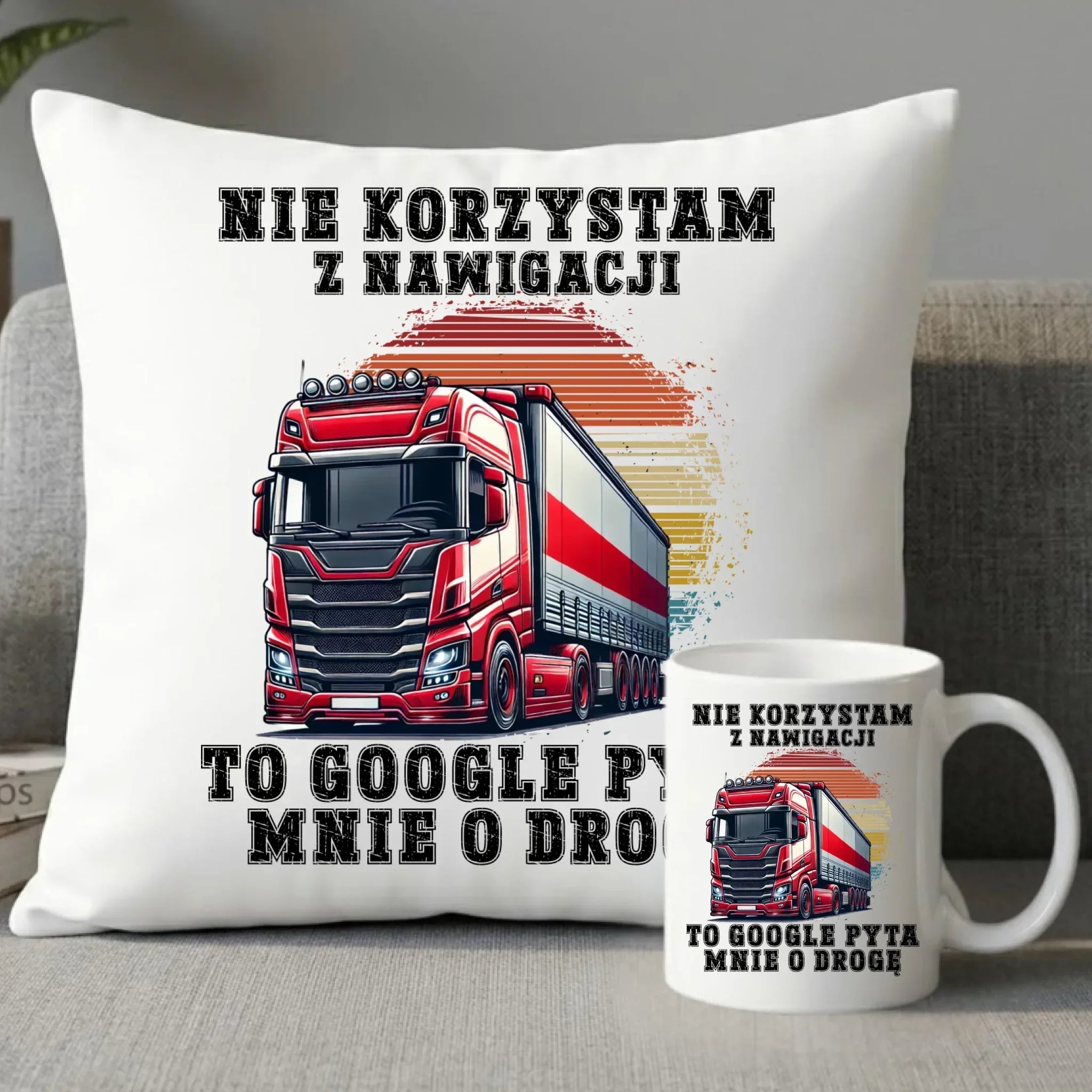 Zestaw poduszka i kubek - kierowca ciężarówki - Google pyta mnie o drogę ZKT10 - StoryCups.pl