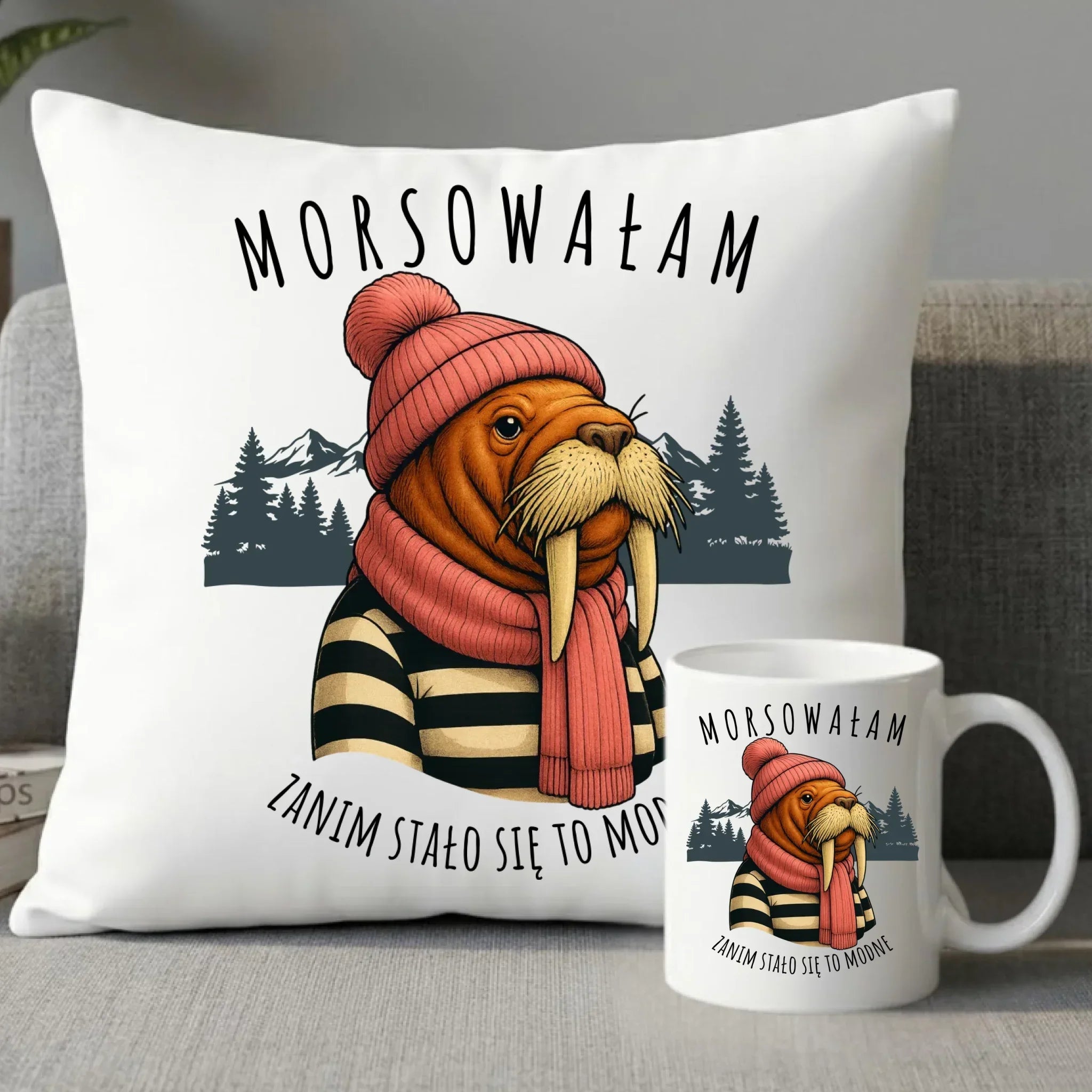 Zestaw poduszka i kubek - prezent dla morsa - Morsowałam zanim stało się to modne - Mors HM21 - StoryCups.pl