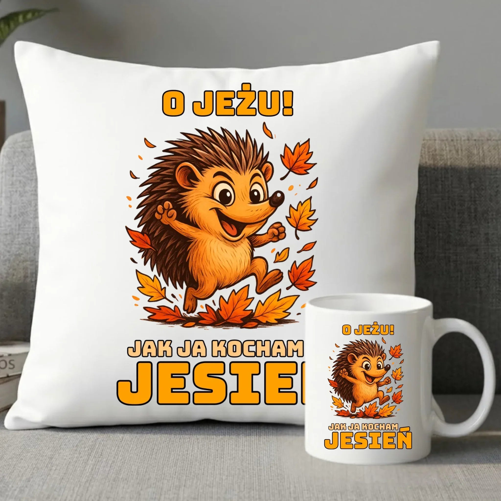Zestaw poduszka i kubek jesienny - O JEŻU! Jak ja kocham jesień JS31 - StoryCups.pl