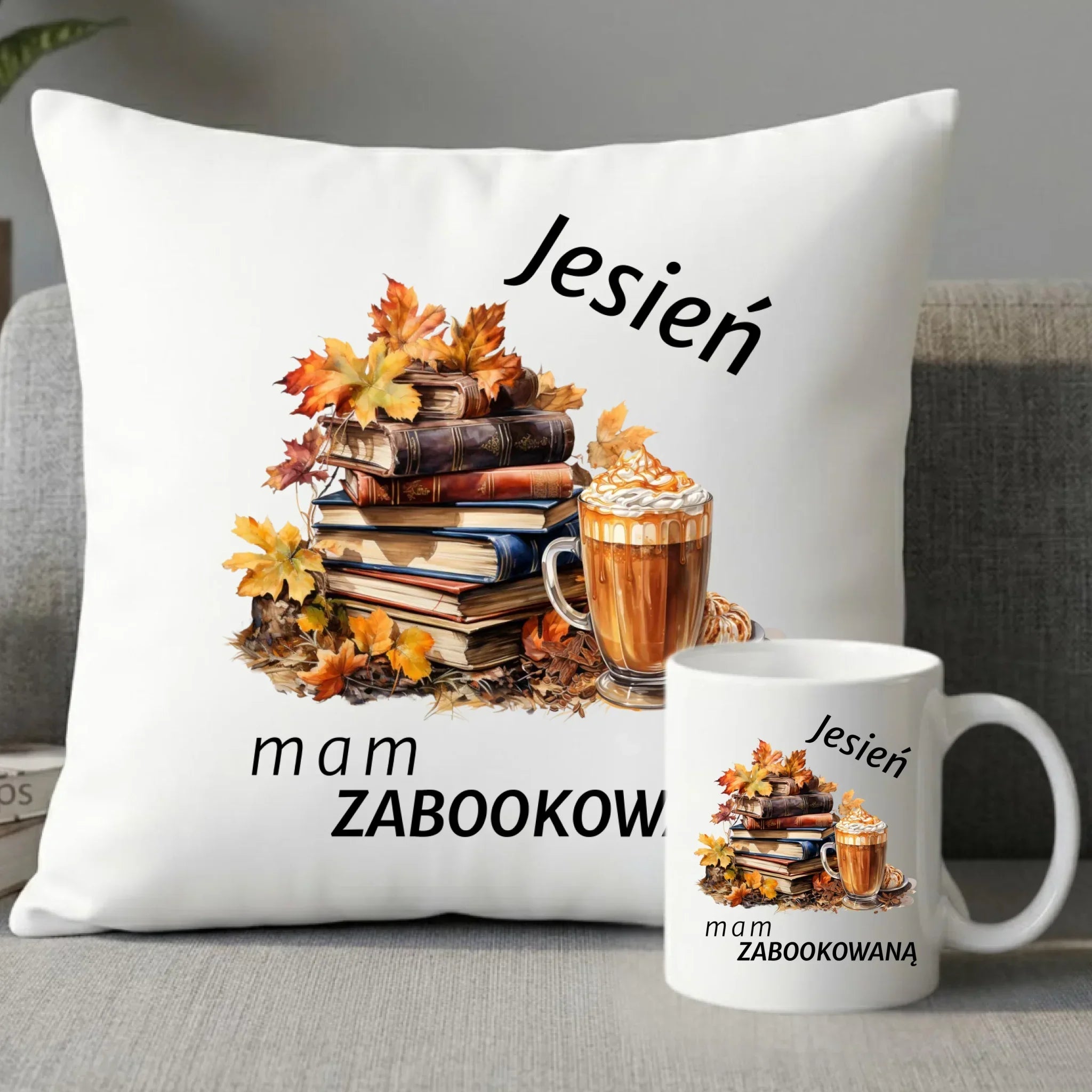 Zestaw poduszka i kubek jesienny - Jesień mam zabookowaną JS28 - StoryCups.pl
