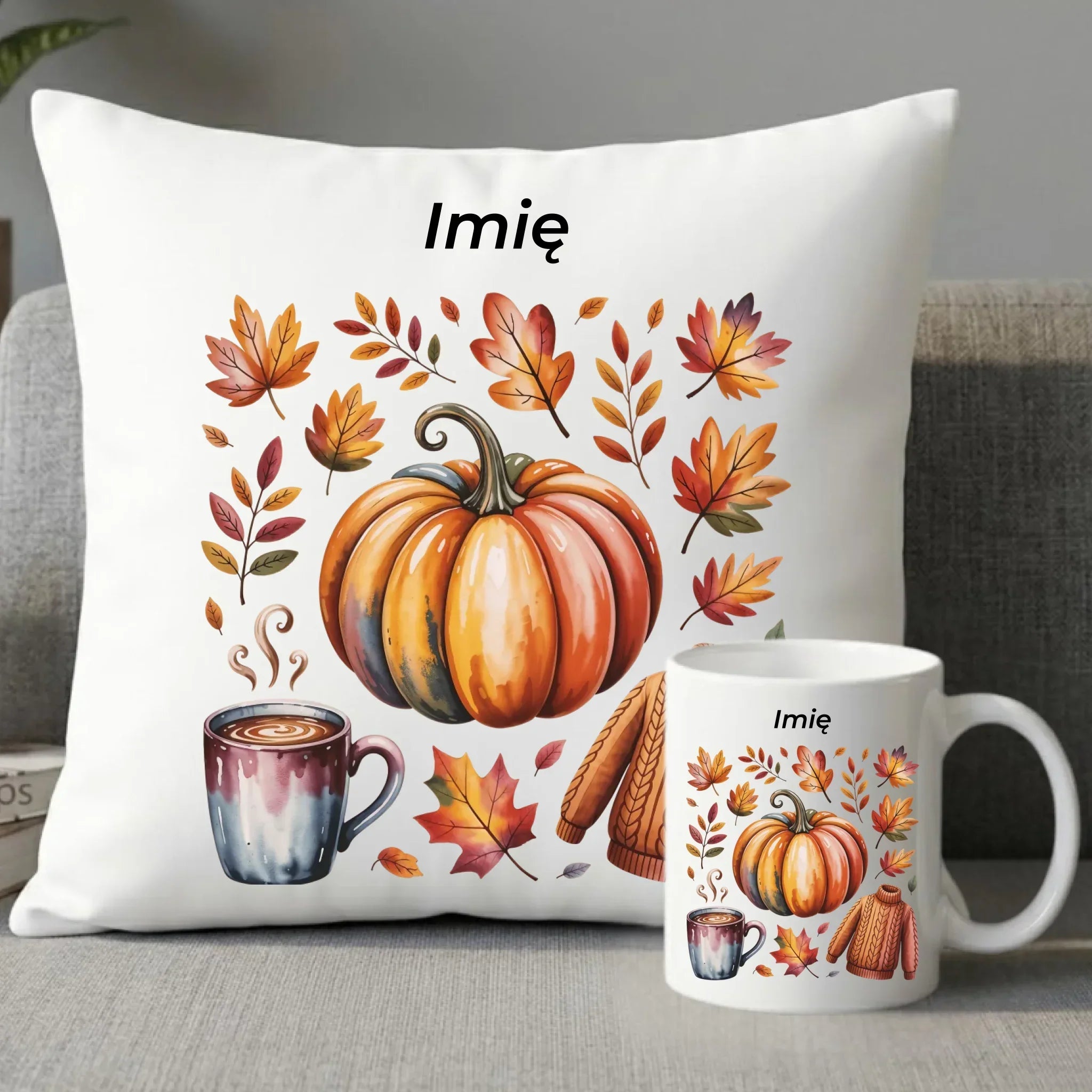 Zestaw poduszka i kubek jesienny - Złota jesień - personalizowany JS30 - StoryCups.pl