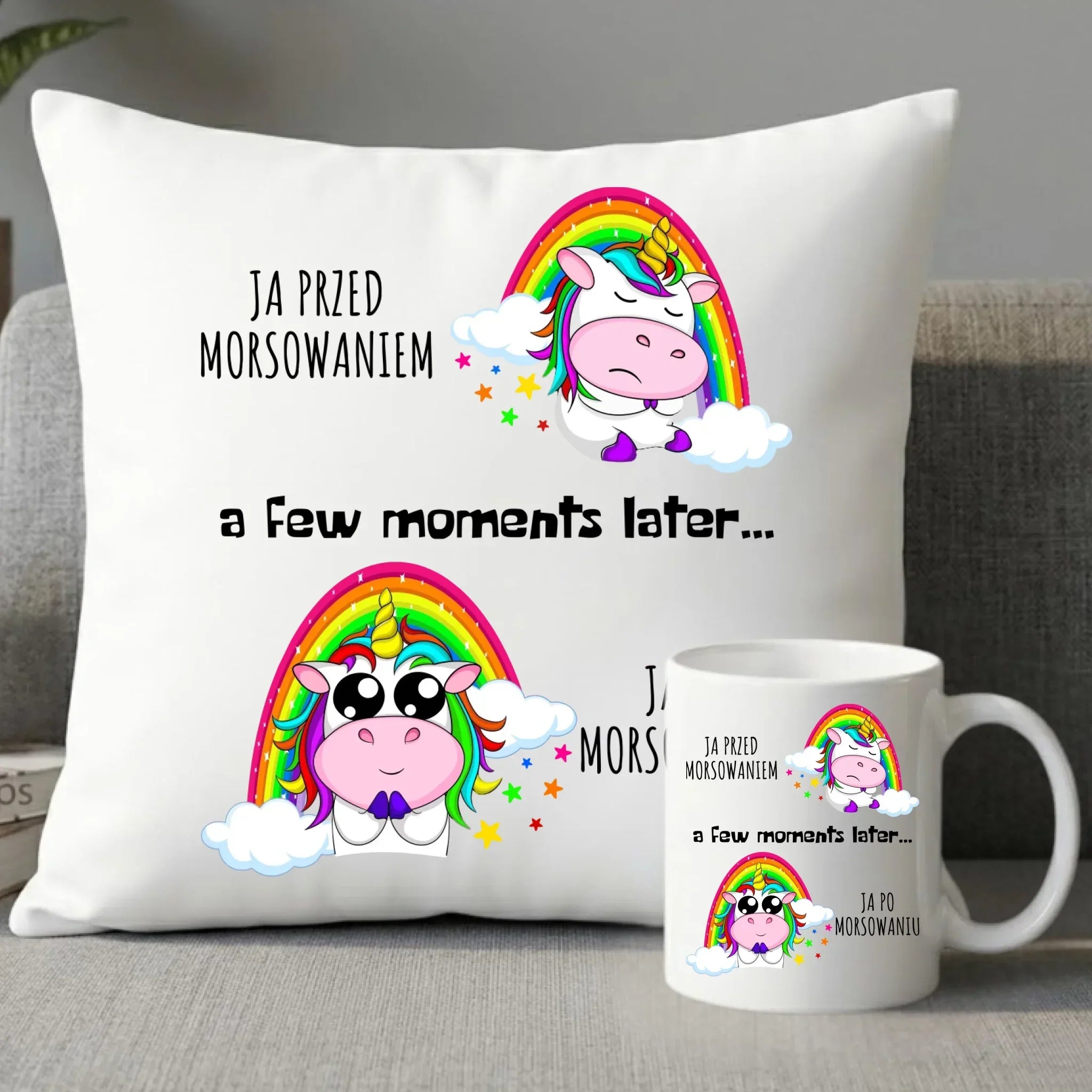 Zestaw poduszka i kubek - prezent dla morsa - Jednorożec - Ja po morsowaniu HM11 - StoryCups.pl