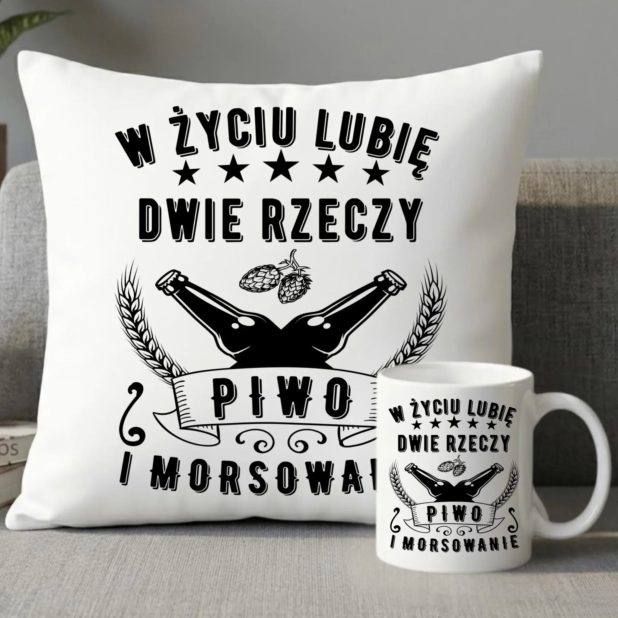 Zestaw poduszka i kubek - prezent dla morsa - Piwo i morsowanie - Mors HM09 - StoryCups.pl