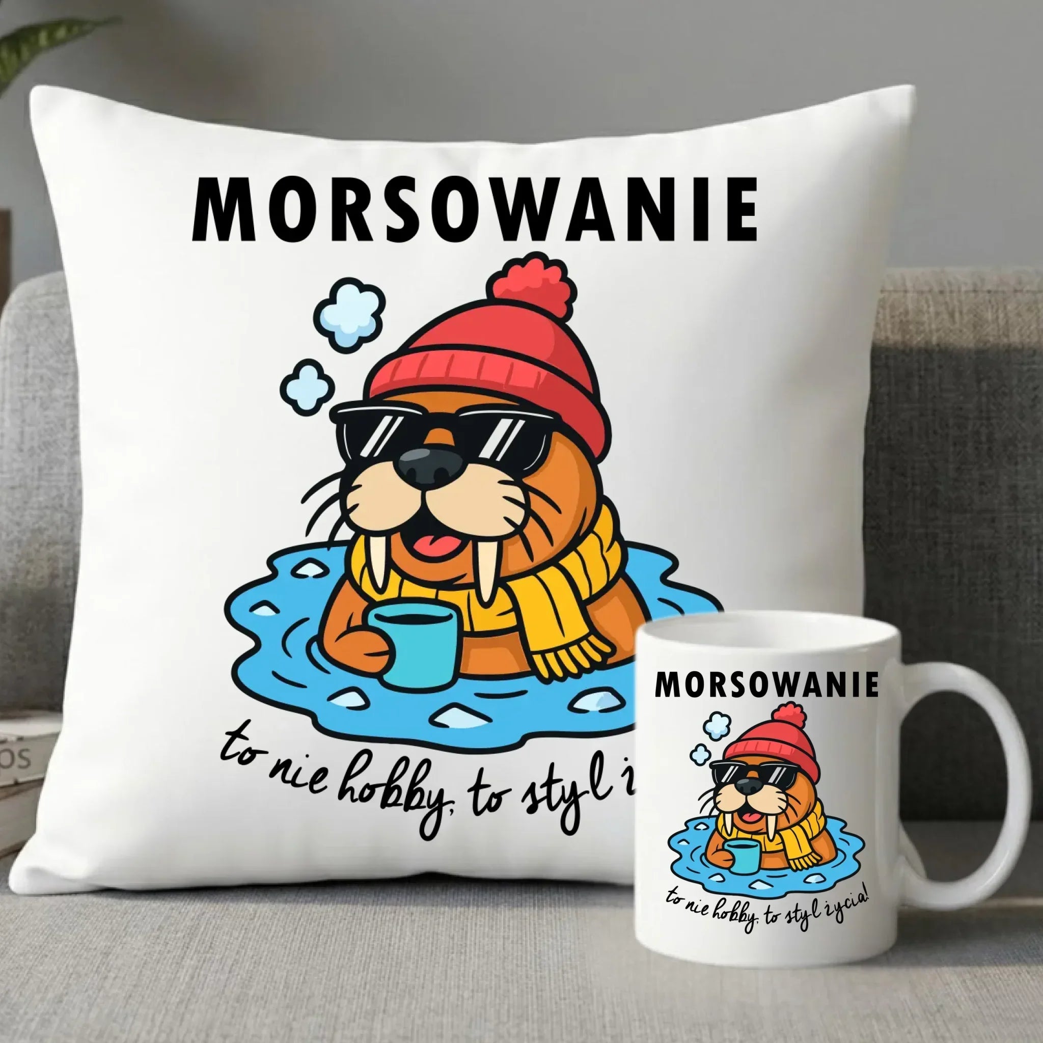 Zestaw poduszka i kubek - prezent dla morsa - Morsowanie to styl życia HM10 - StoryCups.pl