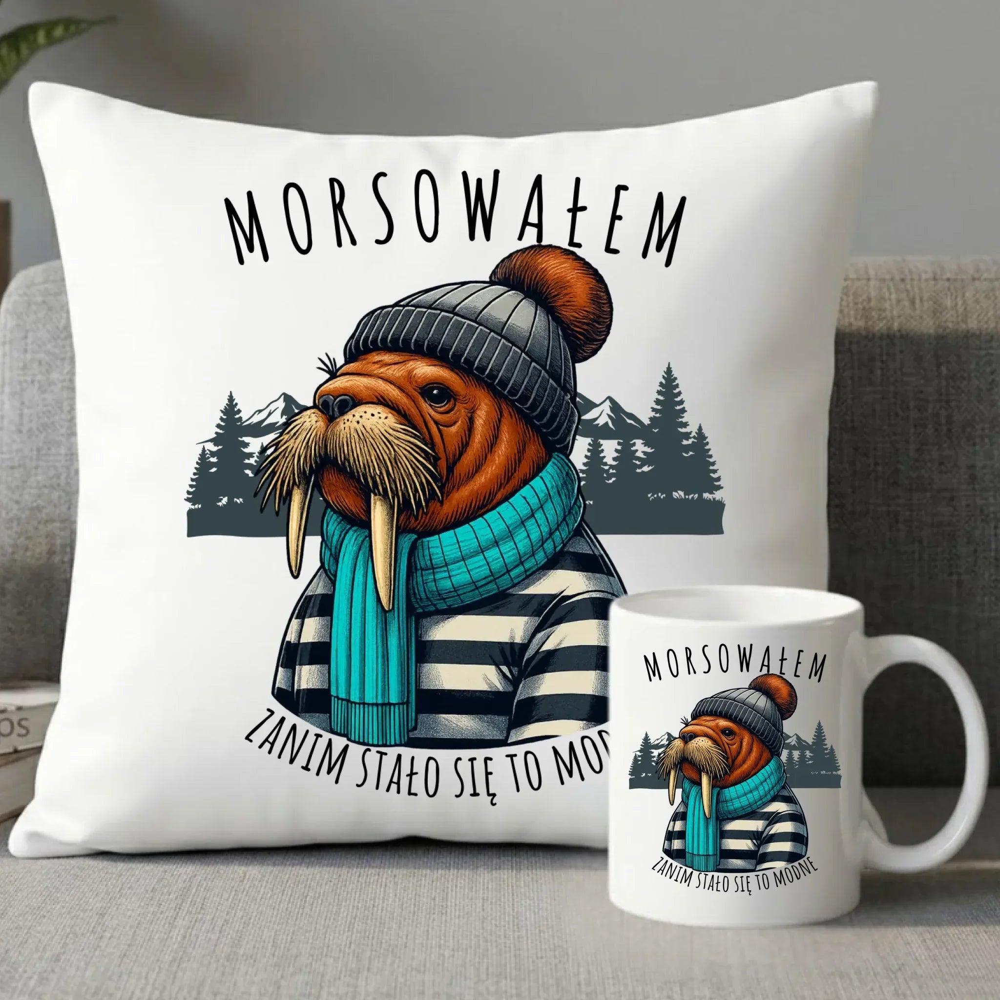 Zestaw poduszka i kubek - prezent dla morsa - Morsowałem zanim stało się to modne - Mors HM08 - StoryCups.pl