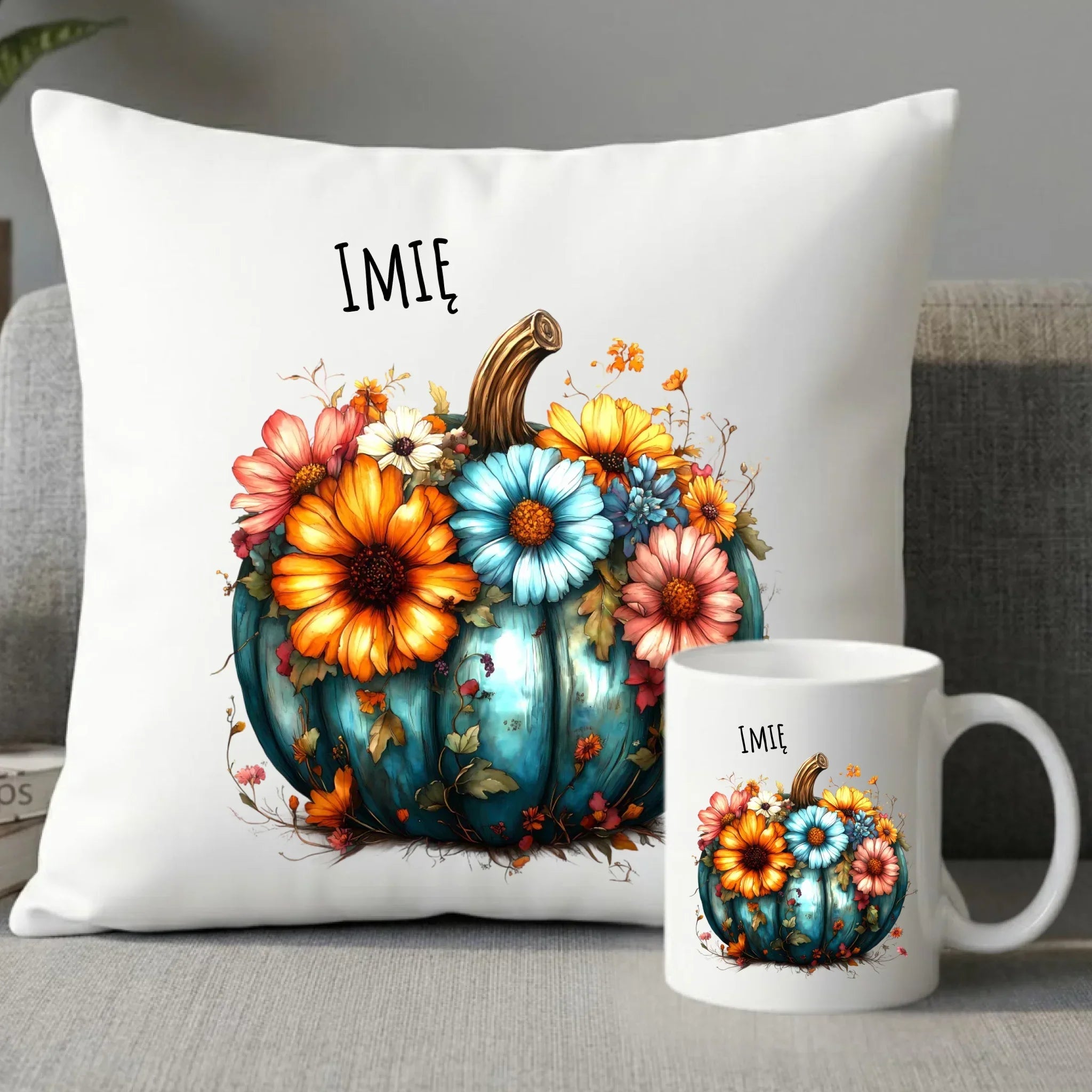 Zestaw poduszka i kubek jesienny - Kwiatowa dynia - personalizowany JS27 - StoryCups.pl