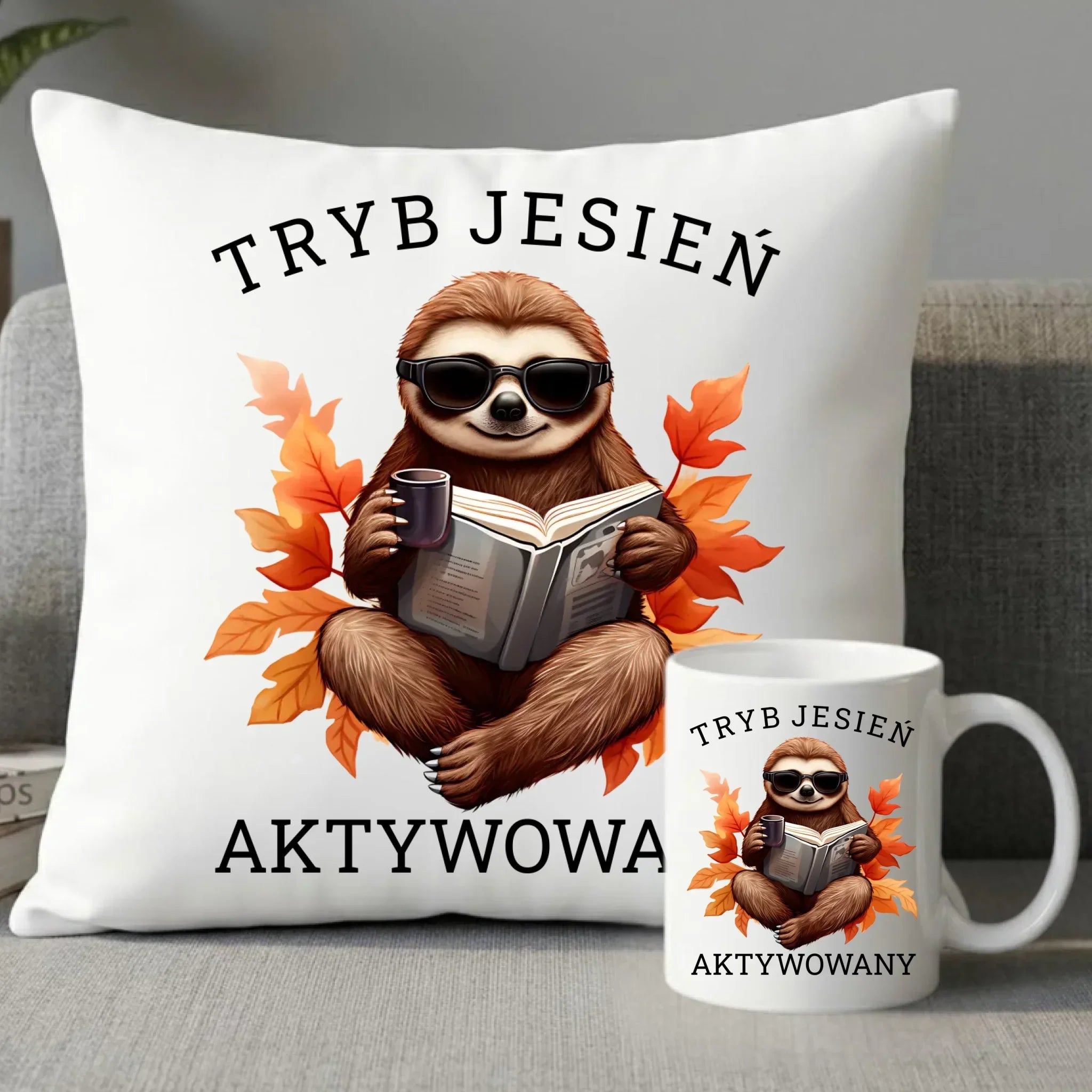 Zestaw poduszka i kubek jesienny - Leniwiec - Tryb jesień aktywowany JS23 - StoryCups.pl