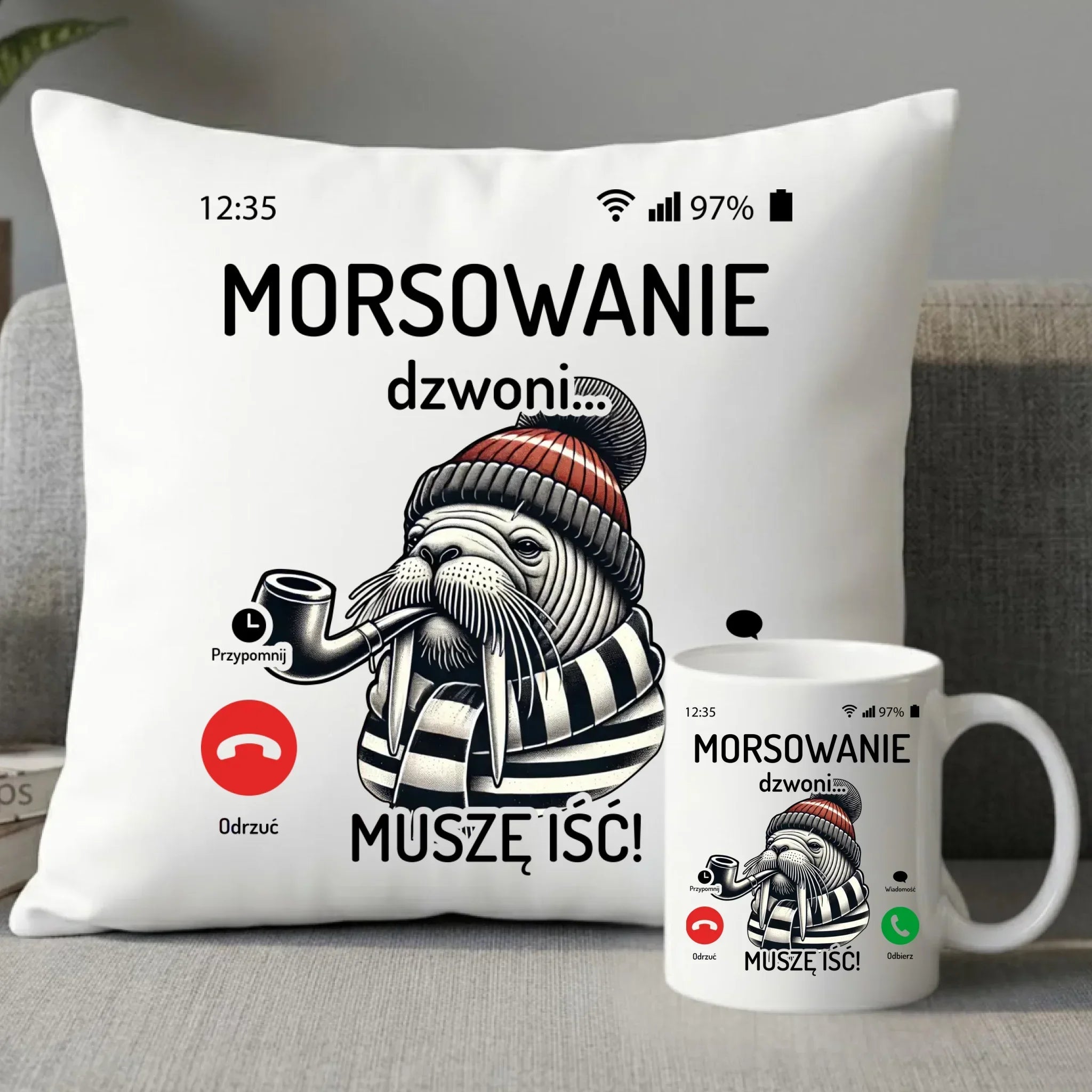 Zestaw poduszka i kubek - prezent dla morsa - Morsowanie dzwoni muszę iść - Mors HM19 - StoryCups.pl
