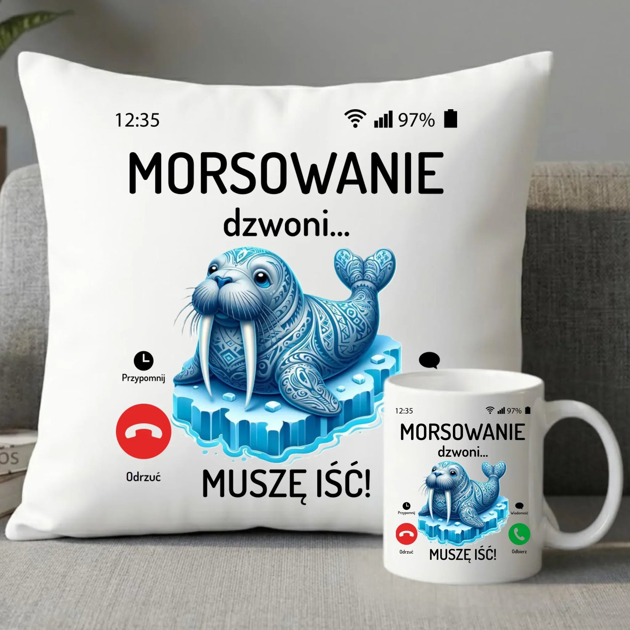 Zestaw poduszka i kubek - prezent dla morsa - Morsowanie dzwoni muszę iść - Mors HM04 - StoryCups.pl