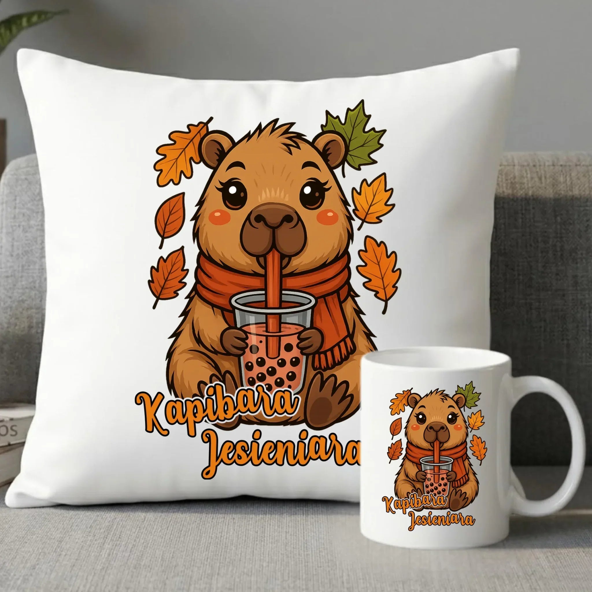 Zestaw poduszka i kubek jesienny - Kapibara Jesieniara JS19 - StoryCups.pl