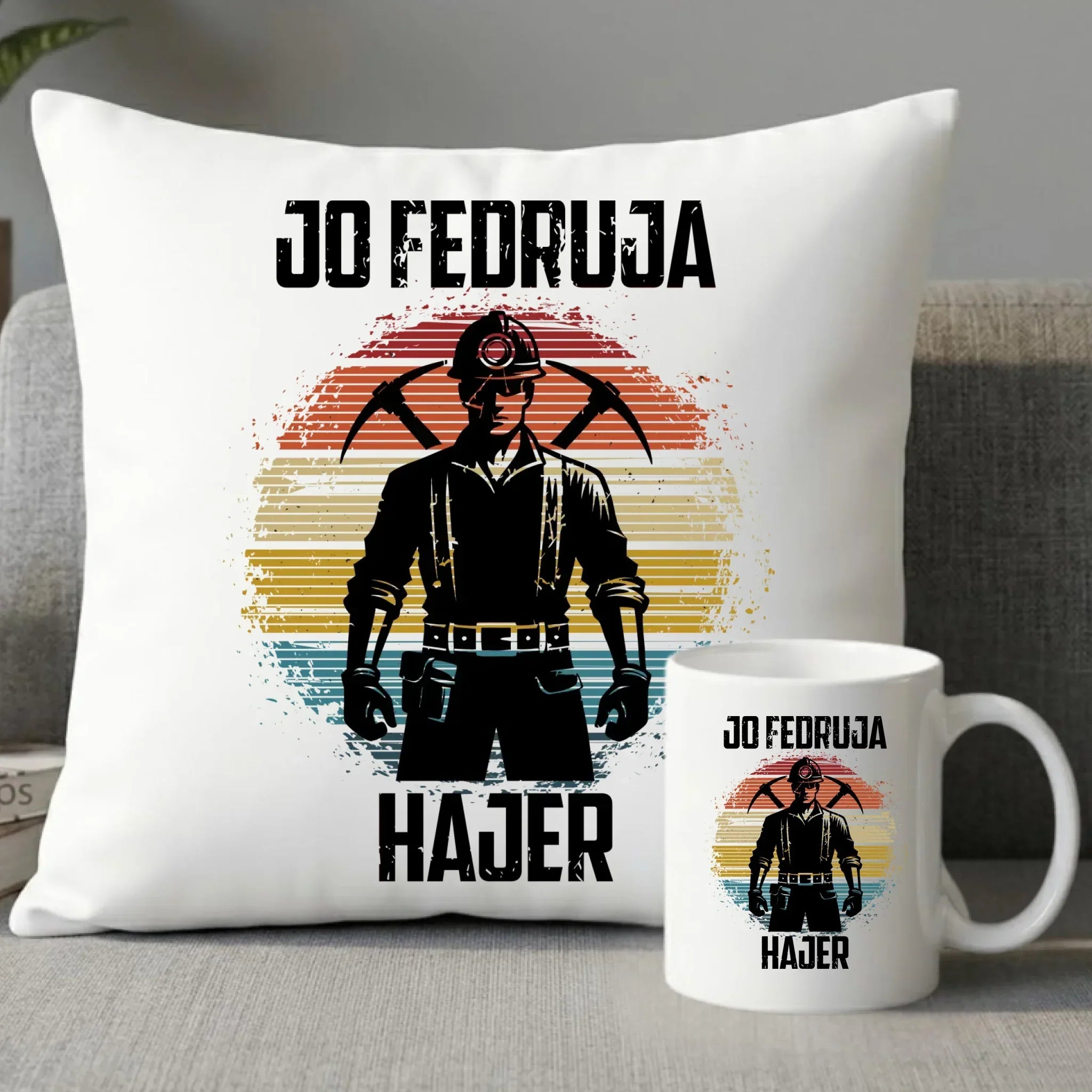 Zestaw poduszka i kubek - prezent dla górnika - Jo fedruja Hajer G26 - StoryCups.pl
