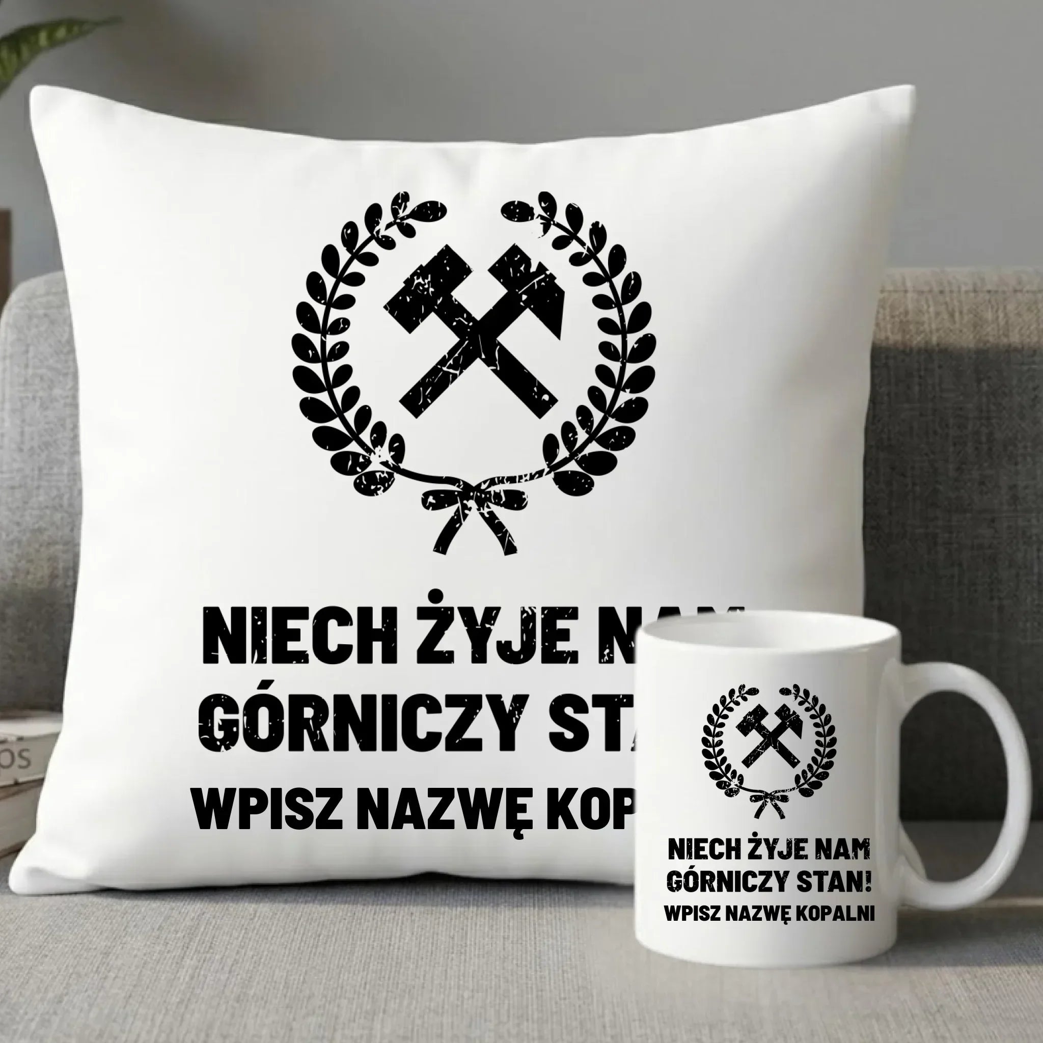 Zestaw poduszka i kubek - prezent dla górnika - Niech żyje nam górniczy stan - personalizowany G24 - StoryCups.pl