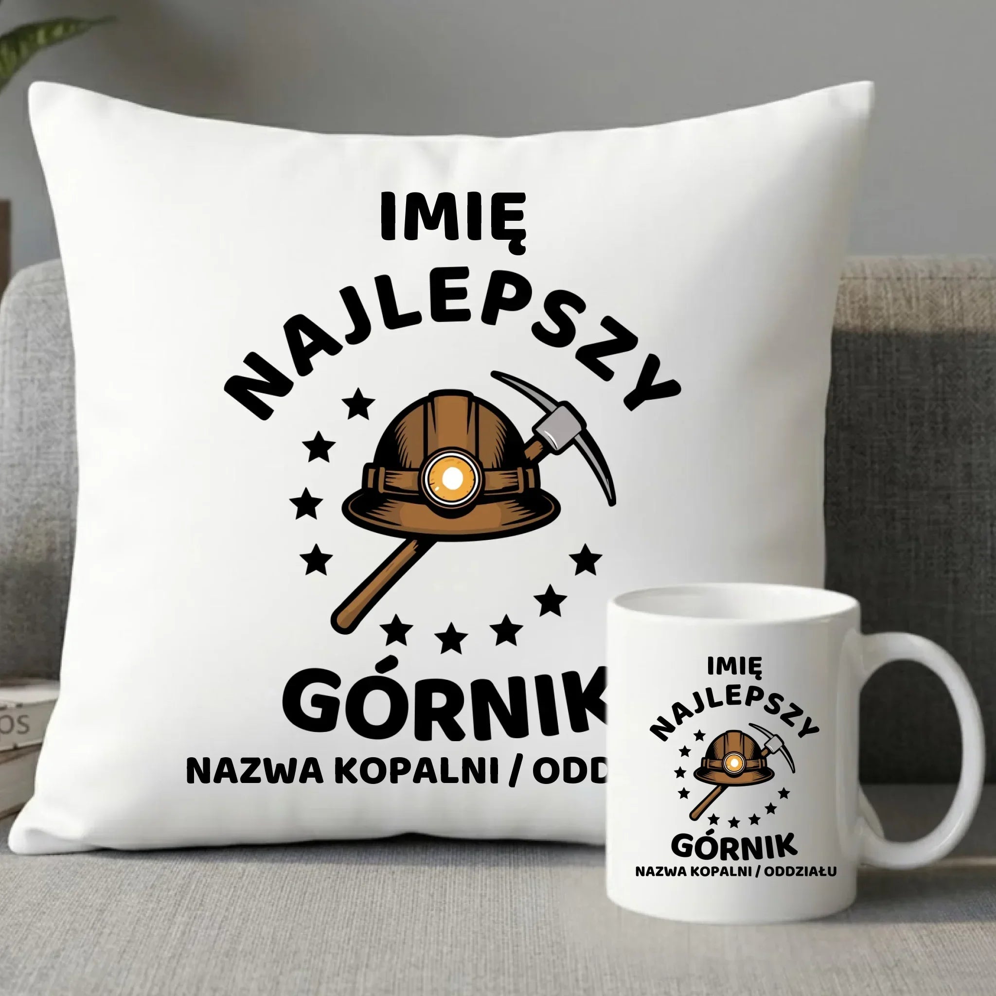 Zestaw poduszka i kubek - prezent dla górnika - Najlepszy górnik - personalizowany G23 - StoryCups.pl