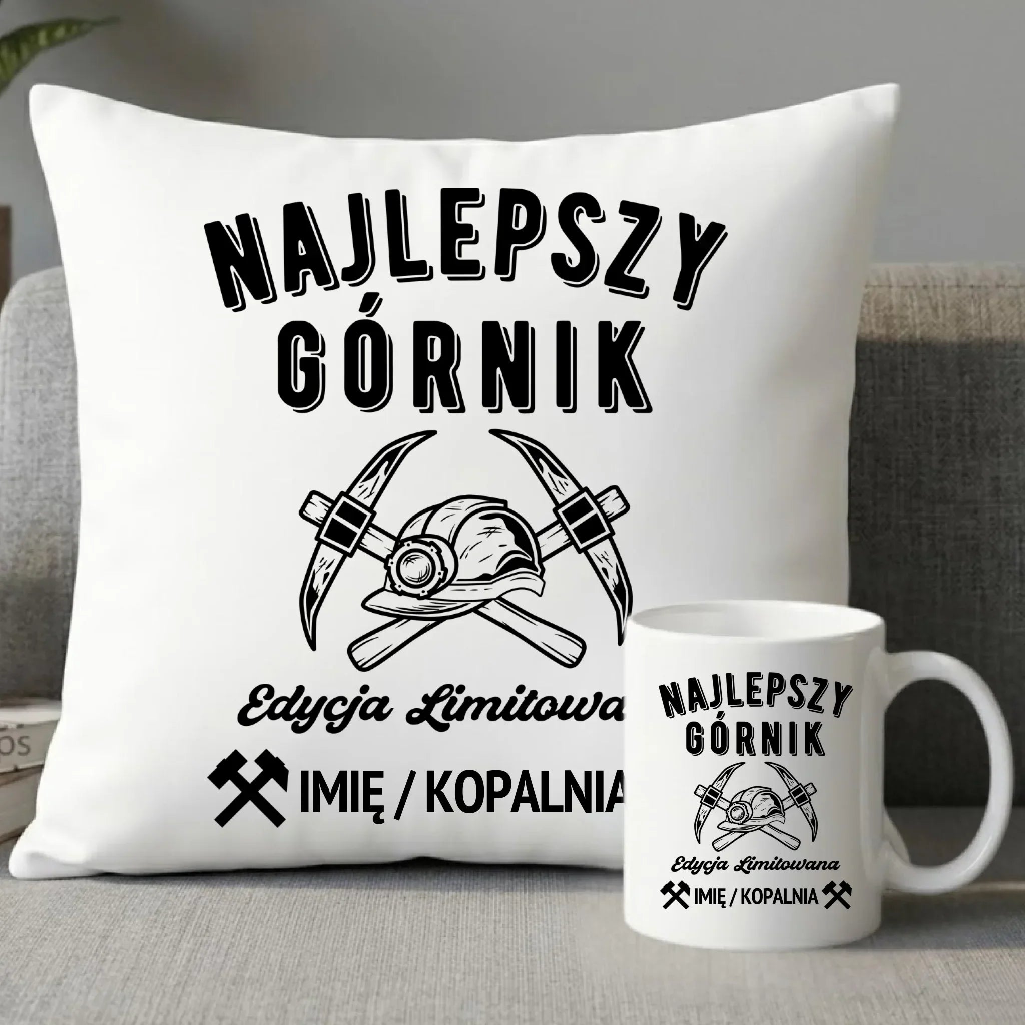 Zestaw poduszka i kubek - prezent dla górnika - Najlepszy górnik - personalizowany G27 - StoryCups.pl