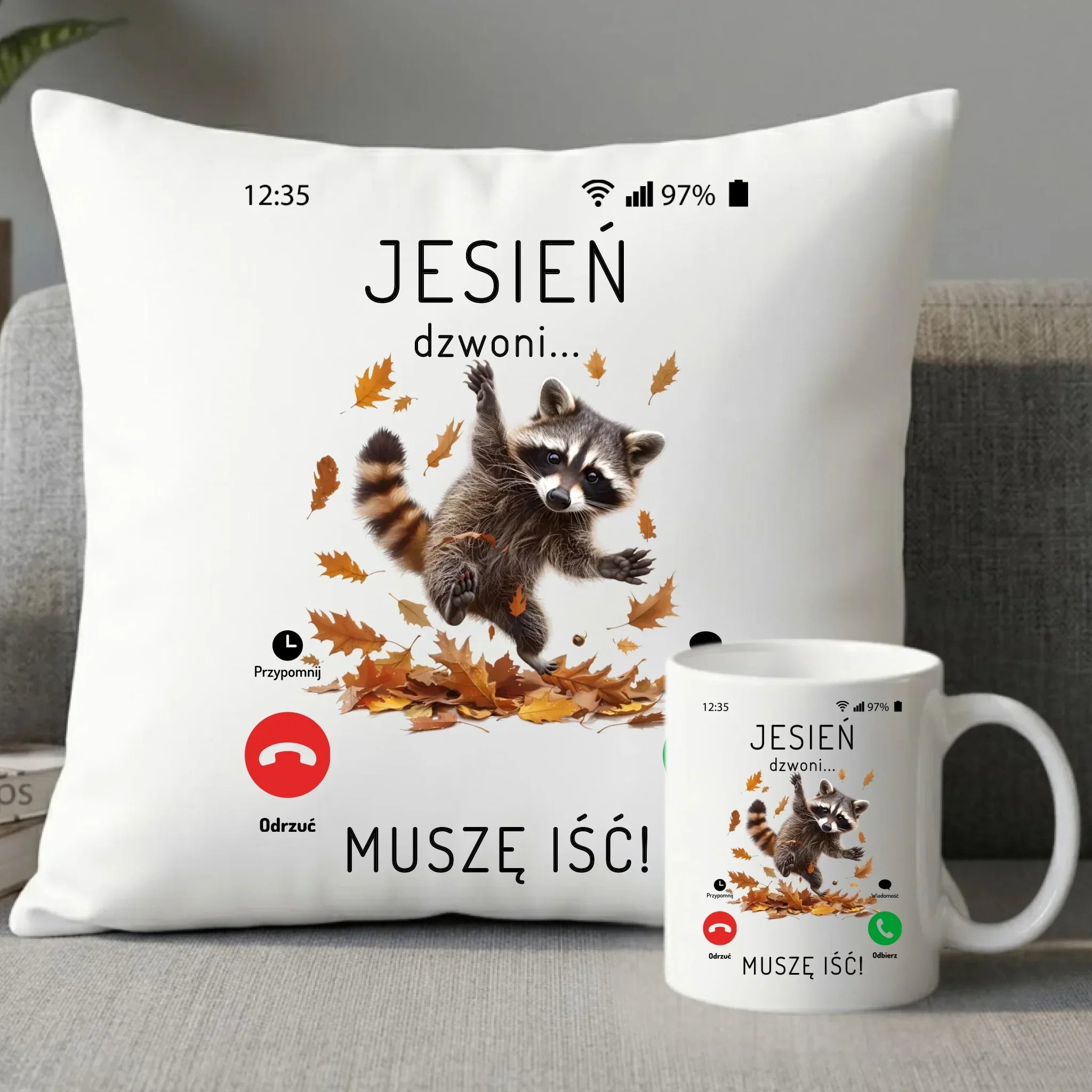 Zestaw poduszka i kubek jesienny - Jesień dzwoni muszę iść JS18 - StoryCups.pl