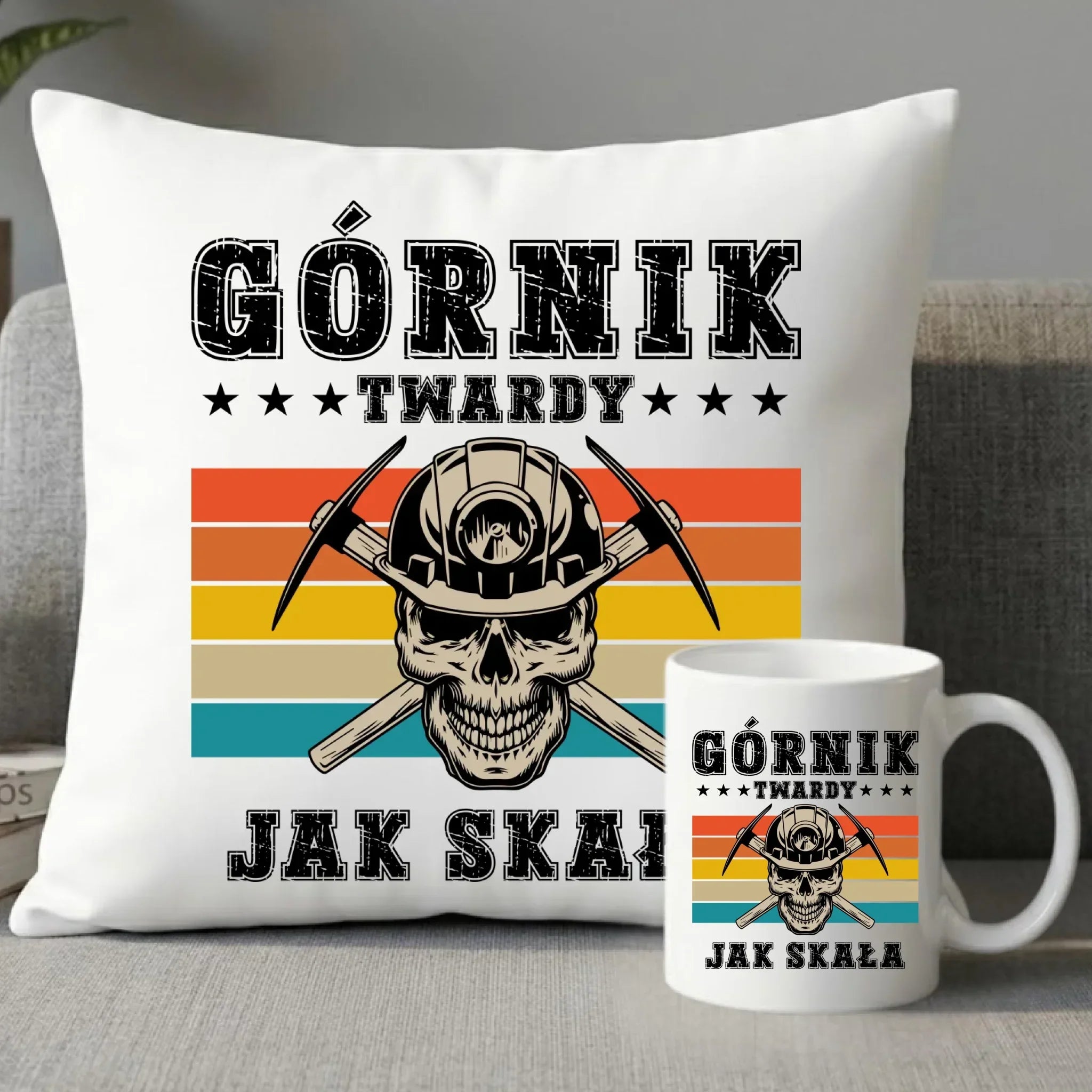 Zestaw poduszka i kubek - prezent dla górnika - Górnik twardy jak skała G21 - StoryCups.pl