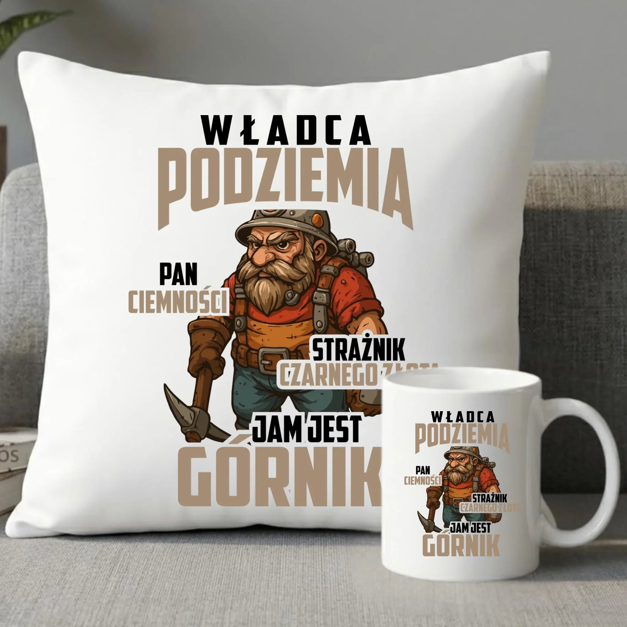 Zestaw poduszka i kubek - prezent dla górnika - Władca podziemia Górnik G20 - StoryCups.pl