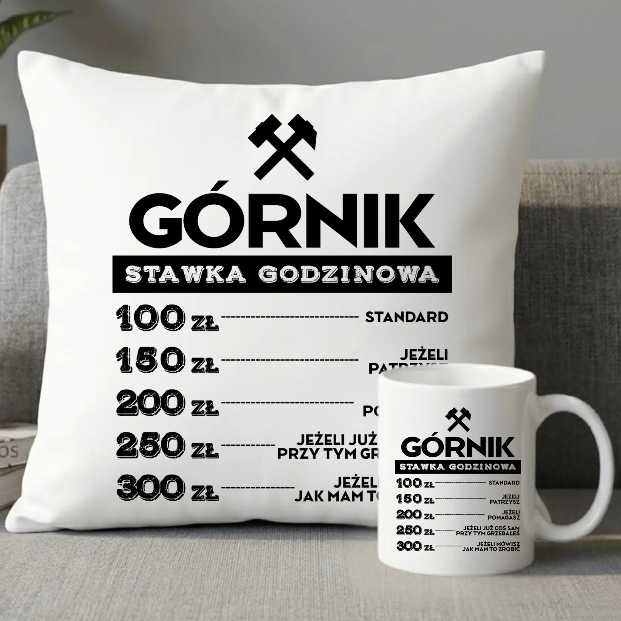 Zestaw poduszka i kubek - prezent dla górnika - Górnik stawka godzinowa G14 - StoryCups.pl