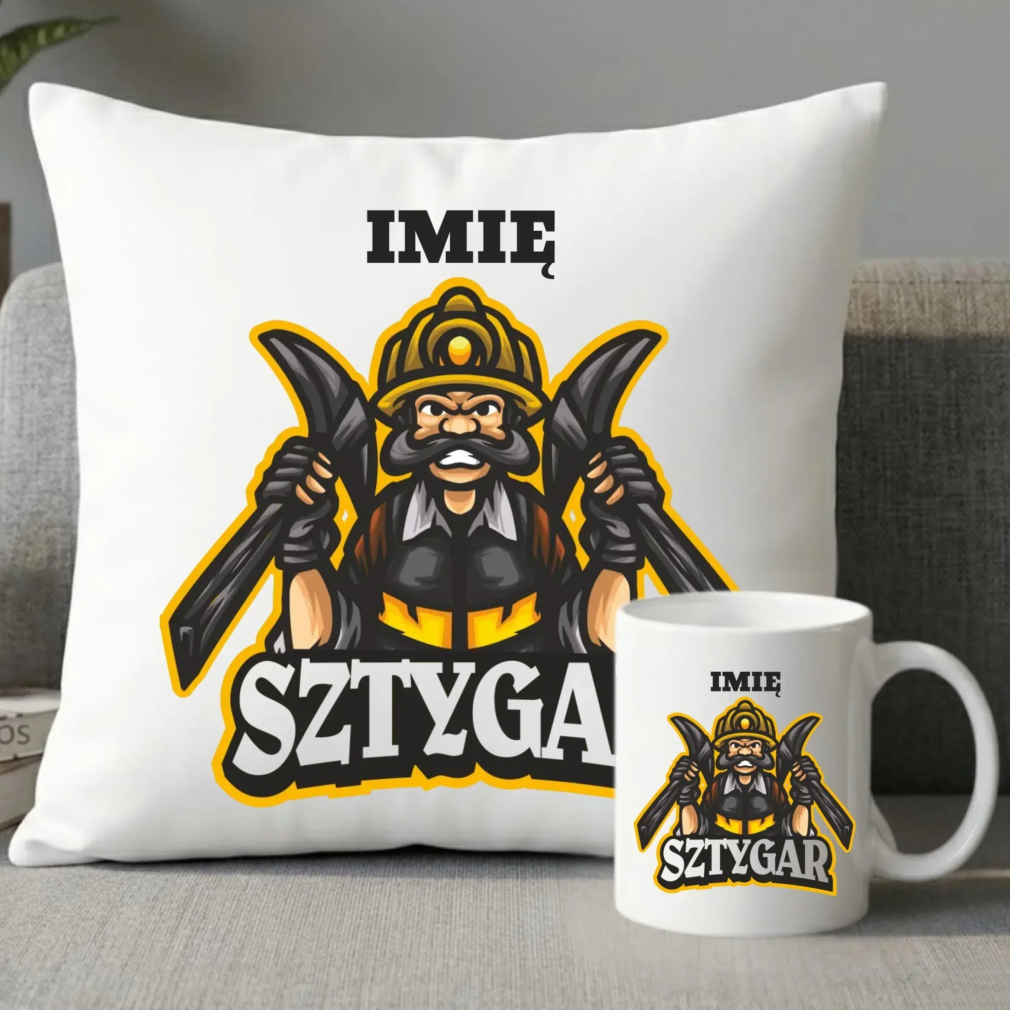 Zestaw poduszka i kubek - prezent dla górnika - Sztygar - personalizowany G15 - StoryCups.pl