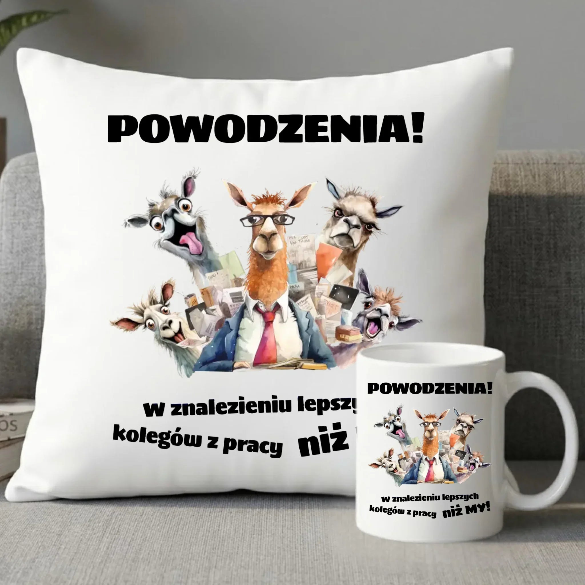 Zestaw poduszka i kubek na odejście z pracy - Powodzenia w znalezieniu lepszych kolegów OP08 - StoryCups.pl