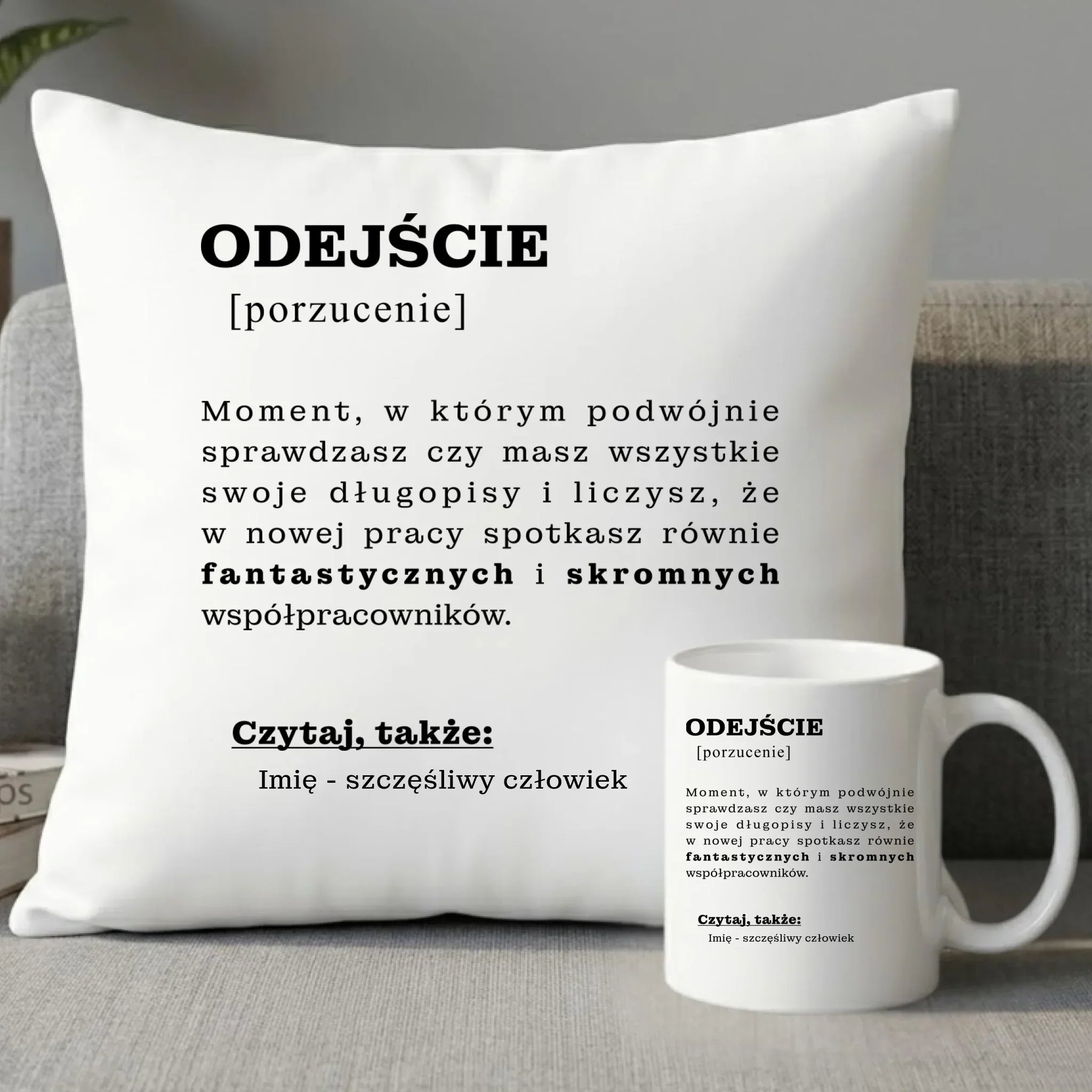 Zestaw poduszka i kubek - Odejście z pracy [porzucenie] - personalizowany OP01 - StoryCups.pl