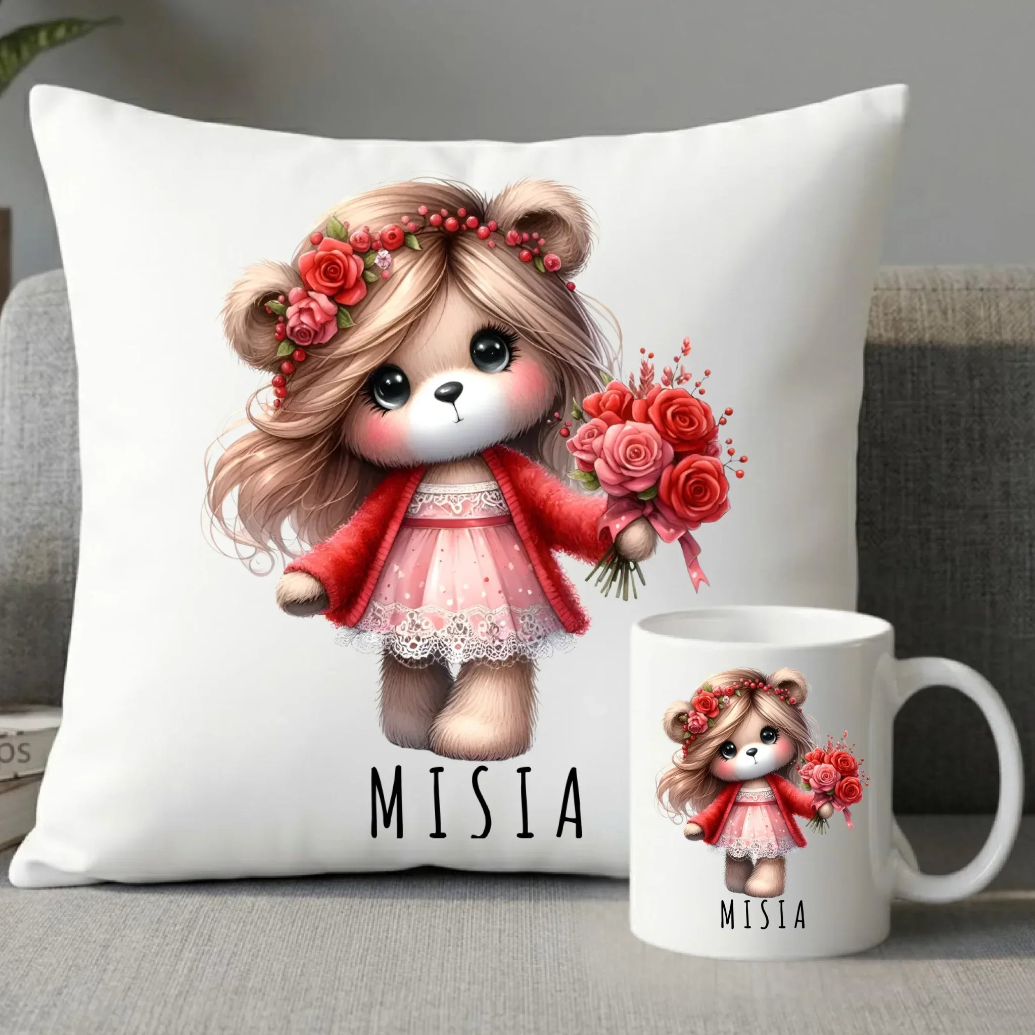 Zestaw poduszka i kubek dla dziewczyny - Misia W35 - StoryCups.pl
